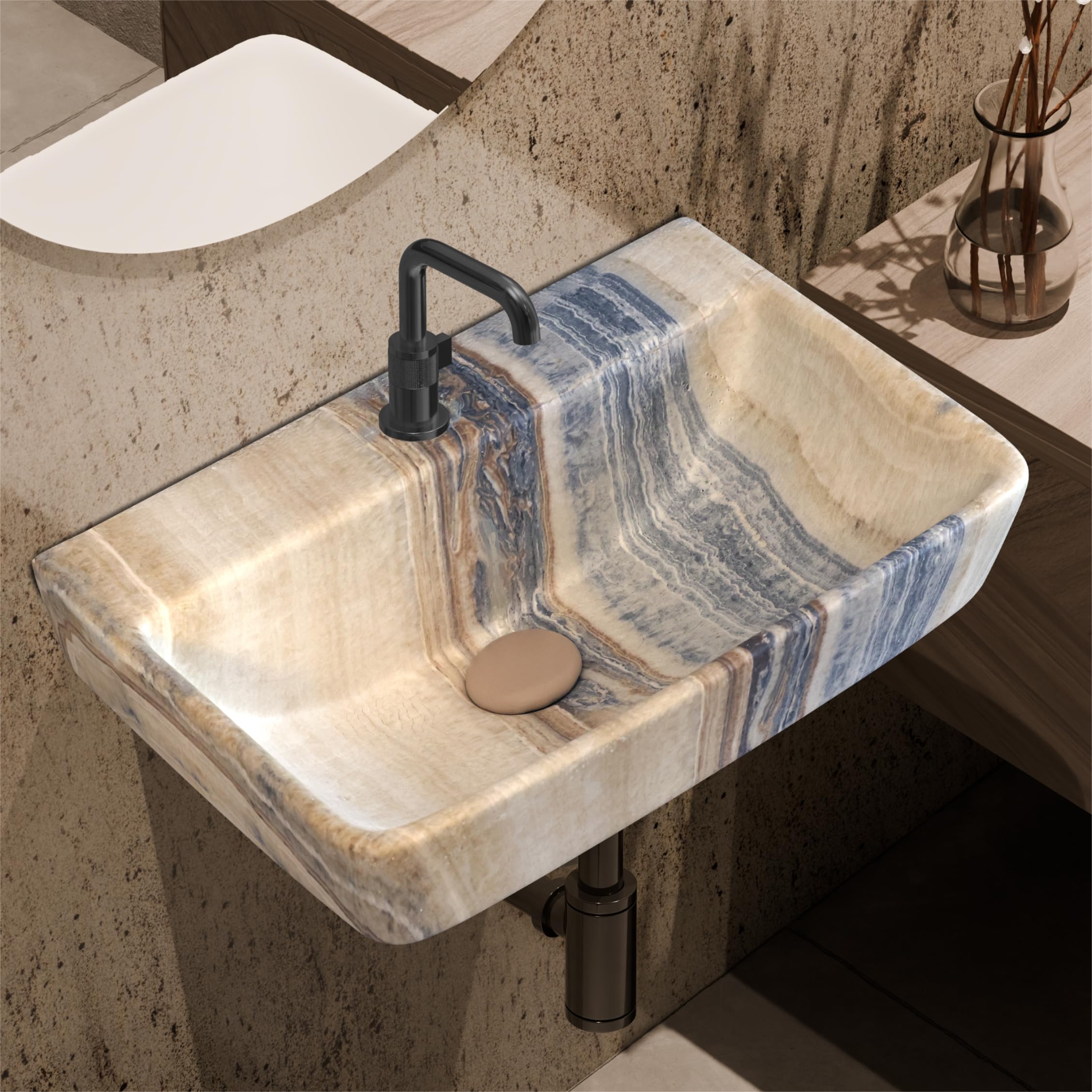 Syon Premium Ceramic Wall Mounted Wash Basin for Bathroom | Compact Wall Hung Wash Basin | Bathroom Sink for Home, Restaurent and Hotel (18 x 14 Inch) (Beige Marble)