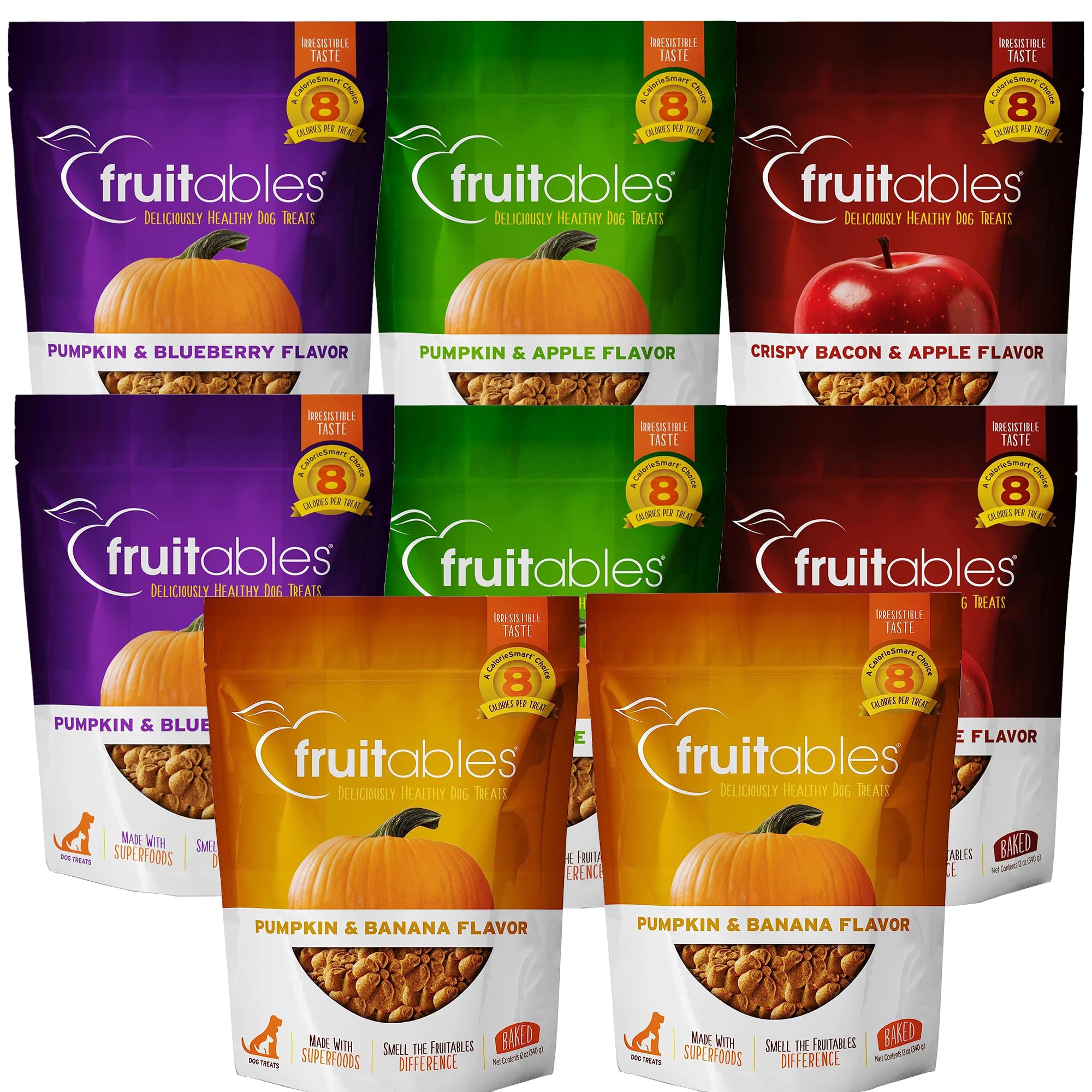 Fruitables Baked Dog Treats - Pumpkin Treats for Dogs - Healthy Low Calorie - Free of Wheat, Corn and Soy - Pumpkin & Crispy Bacon Apple, Blueberry, Apple, Banana - 12 Oz (Variety Pack of 8)