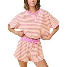 MISSACTIVER Womens Lounge 2 Piece Sets Summer Striped Matching Pajamas Set Short Sleeve Oversized T Shirts Drawstring Shorts