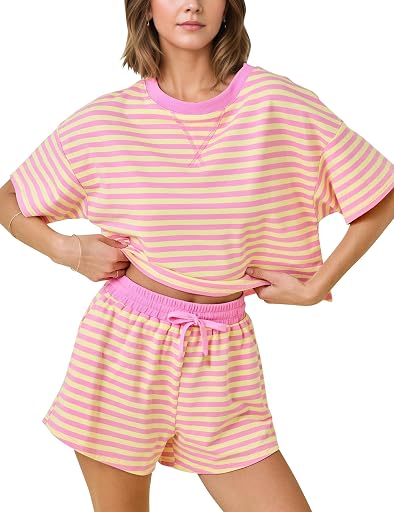 MISSACTIVER Womens Lounge 2 Piece Sets Summer Striped Matching Pajamas Set Short Sleeve Oversized T Shirts Drawstring Shorts (ASIN B0GQBWWWB8), rank #9 by monthly sales volume for 'Striped Set' on Amazon