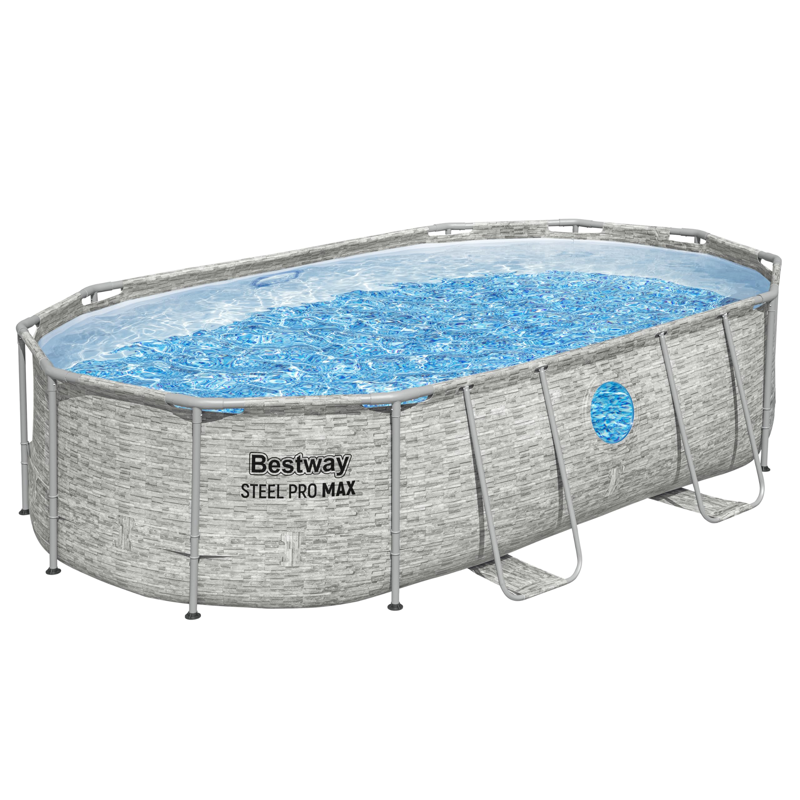 Bestway Power Steel Swim Vista Series Frame Pool Komplett-Set mit Sandfilteranlage 488 x 305 x 107 cm, Steinwand-Optik (Cremegrau), oval