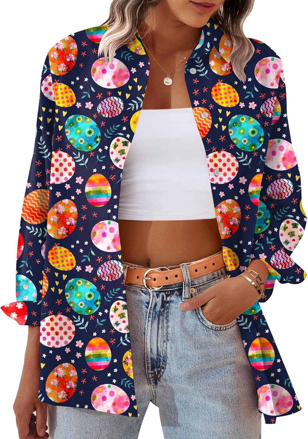 Womens Valentines Long Sleeve Shirts Heart Graphic Print Button Top
