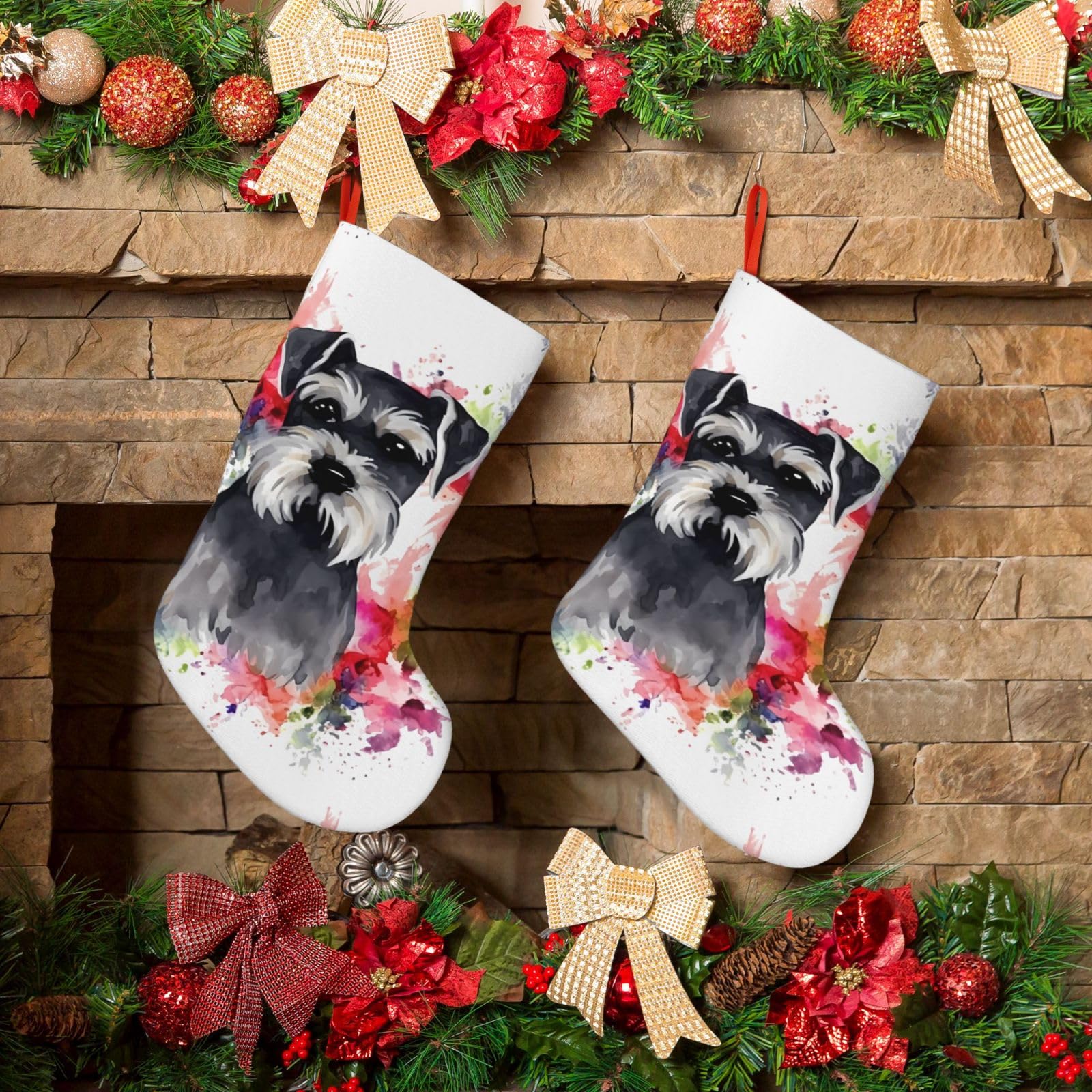 KLOPH Christmas Stockings 18" Personalized Xmas Stocking Schnauzer Decoration Stocking Hanging Fireplace Stocking for Holiday Xmas Tree Christmas Fireplace Decor