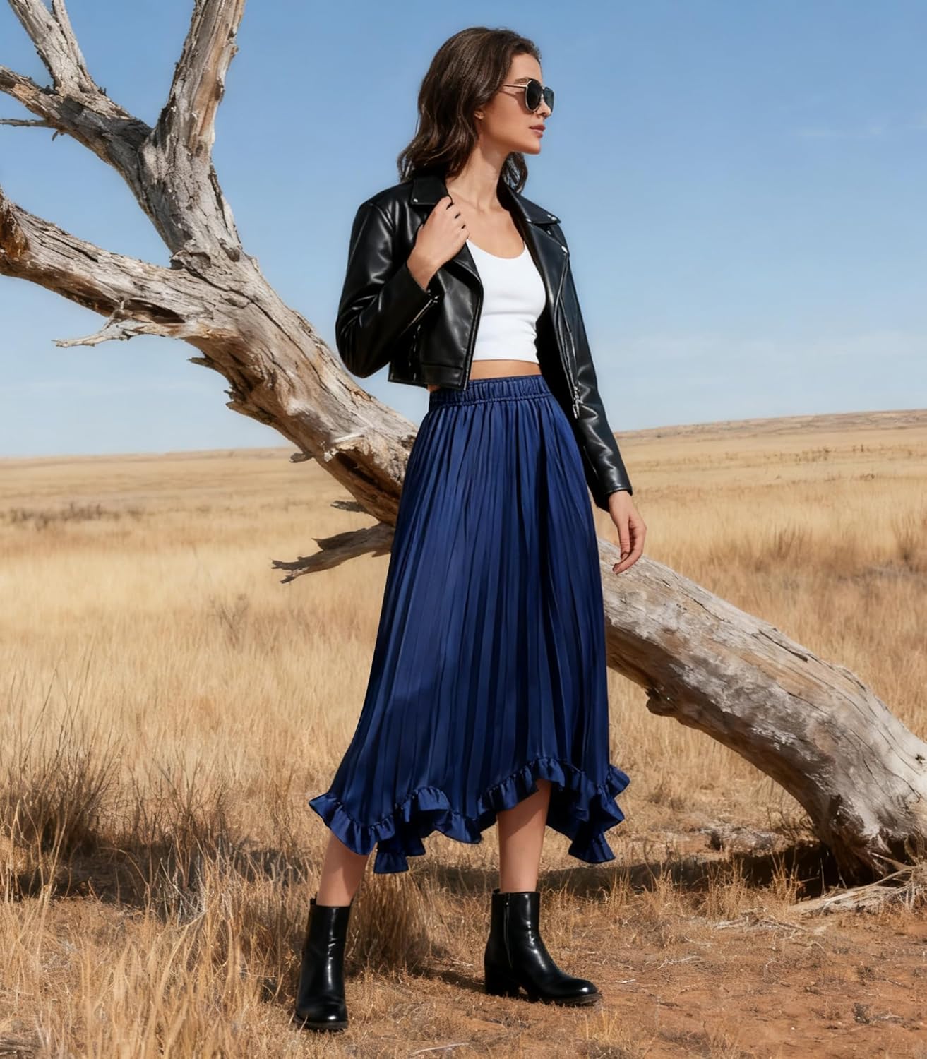 Satin Midi Skirt for Women Pleated Elastic Waist Relaxed Fit A-Line Slip Skirt with Ruffle Hem - Image 6