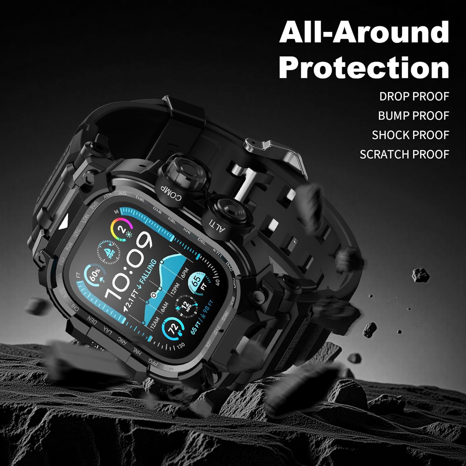 Rugged Case with Band Compatible for Apple Watch Ultra 3/2/1 49mm, Men Military Grade Shockproof Bumper Cover with Tactical TPU Strap for iWatch Ultra (Matte Black 49MM) - Image 7