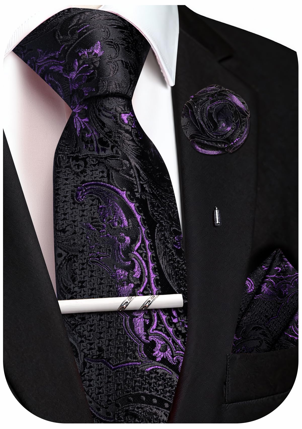 Unique Paisley Ties for Men Silk Neck Tie and Pocket Square Set with Tie Clip Lapel Pin Wedding Formal