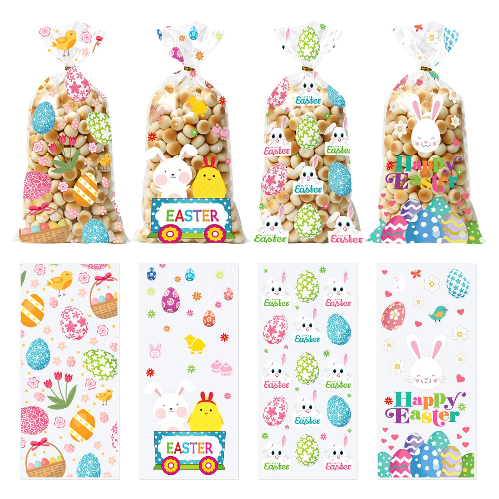 AIUPUOC 50Pack Easter Bunny Cellophane Treat Bags with Twist Ties Chicken Transparent Plastic Candy Bag for Eggs Rabbit Chicken Party Favors Holiday