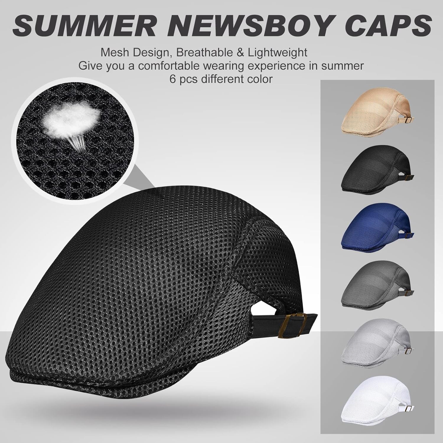Geyoga 6 Pieces Men's Mesh Flat Cap Breathable Summer Newsboy Hat Cabbie Flat Cap - Image 2