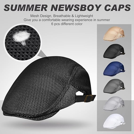 Geyoga 6 Pcs Men's Flat Cap Newsboy Hat Adjustable