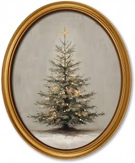 TwoDays Vintage Christmas Tree Oval Gold Framed Wall Decor | Rustic Classic Christmas Tree Canvas Prints, Antique Farmhous...