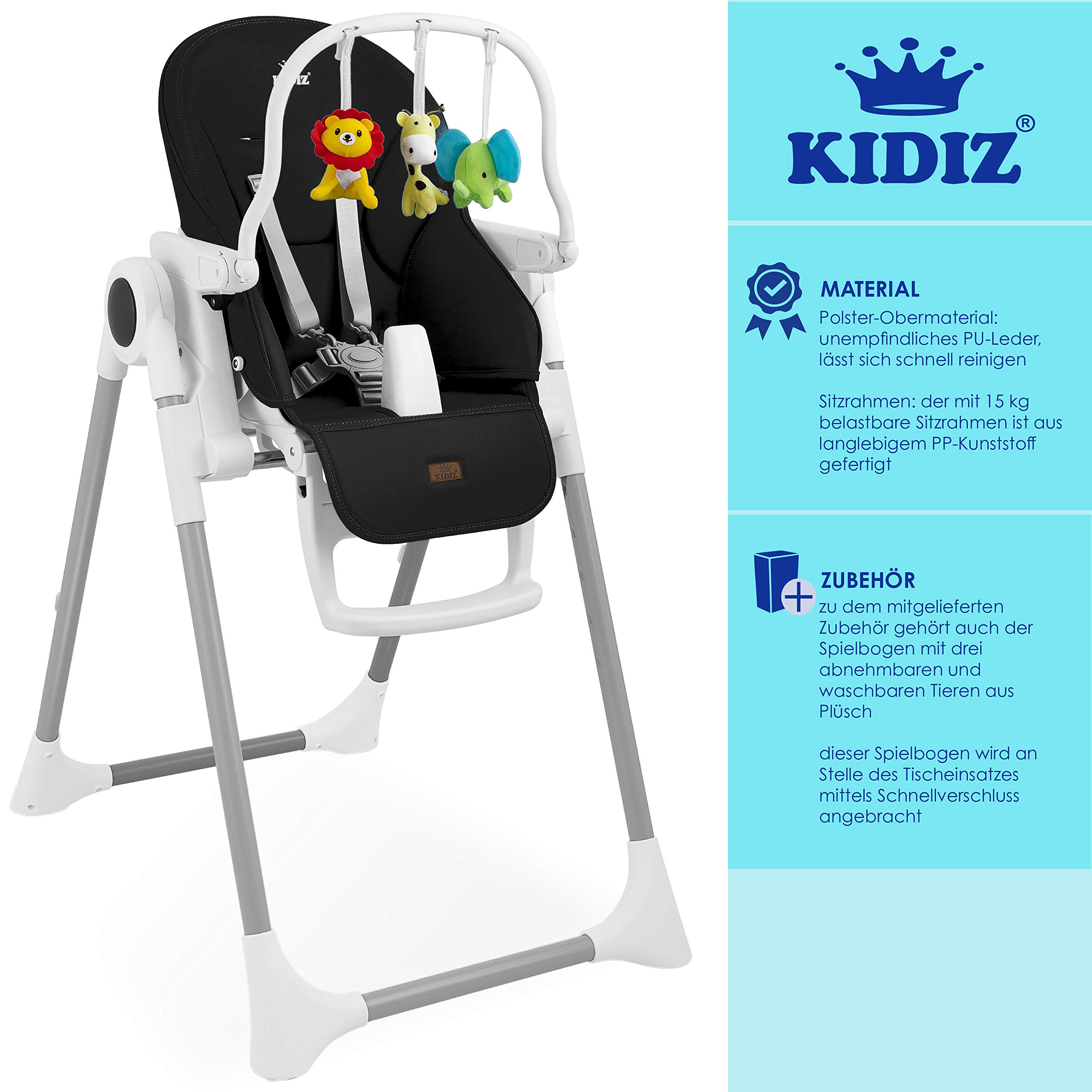 KIDIZ® 3 in 1 Seggiolone Seggiolone per bambini con barra dei giochi, Lettino per bambini, Seggiolone combinato Seggiolone per bambini, Schienale regolabile in 7 diverse altezze, nero