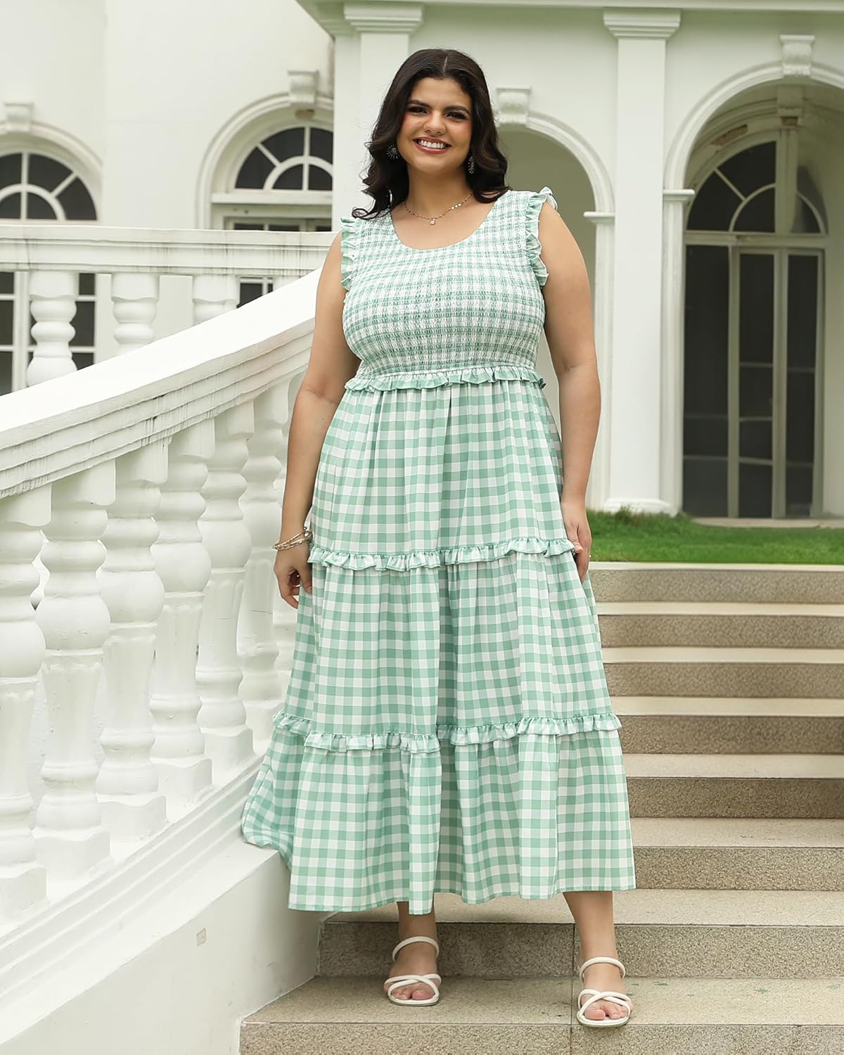 Women's Plus Size Summer Casual Maxi Dress Ruffle Sleeveless Plaid Smocked Tiered Long Dresses with Pockets - Image 5