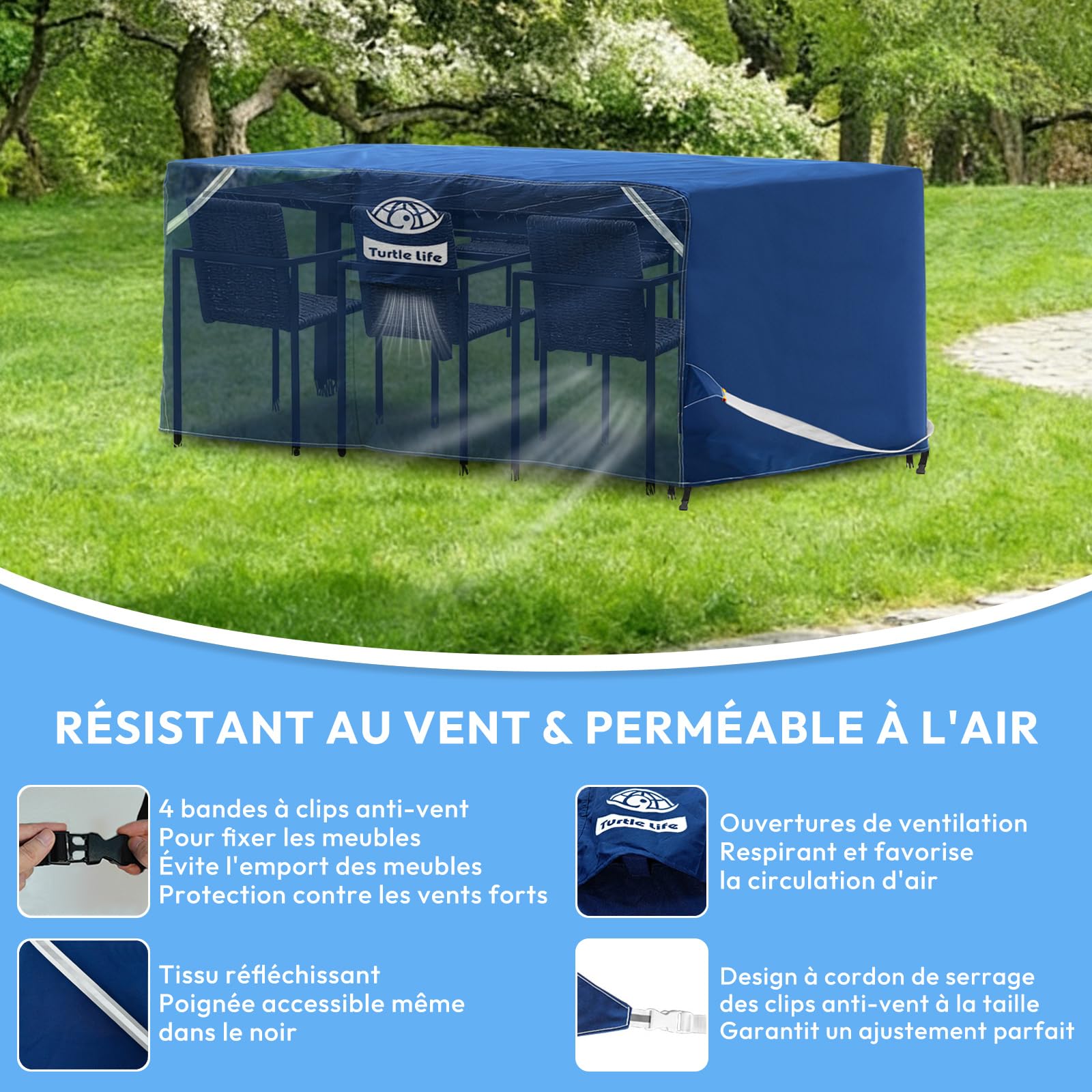 Turtle Life Housse Salon de Jardin,220 x 165 x 74 cm,Housse Table De Jardin Avec éVent D’Air,Tissu régénéré certifié GRS 300D,imperméable, Coupe-Vent, Anti-UV, Indéchirable