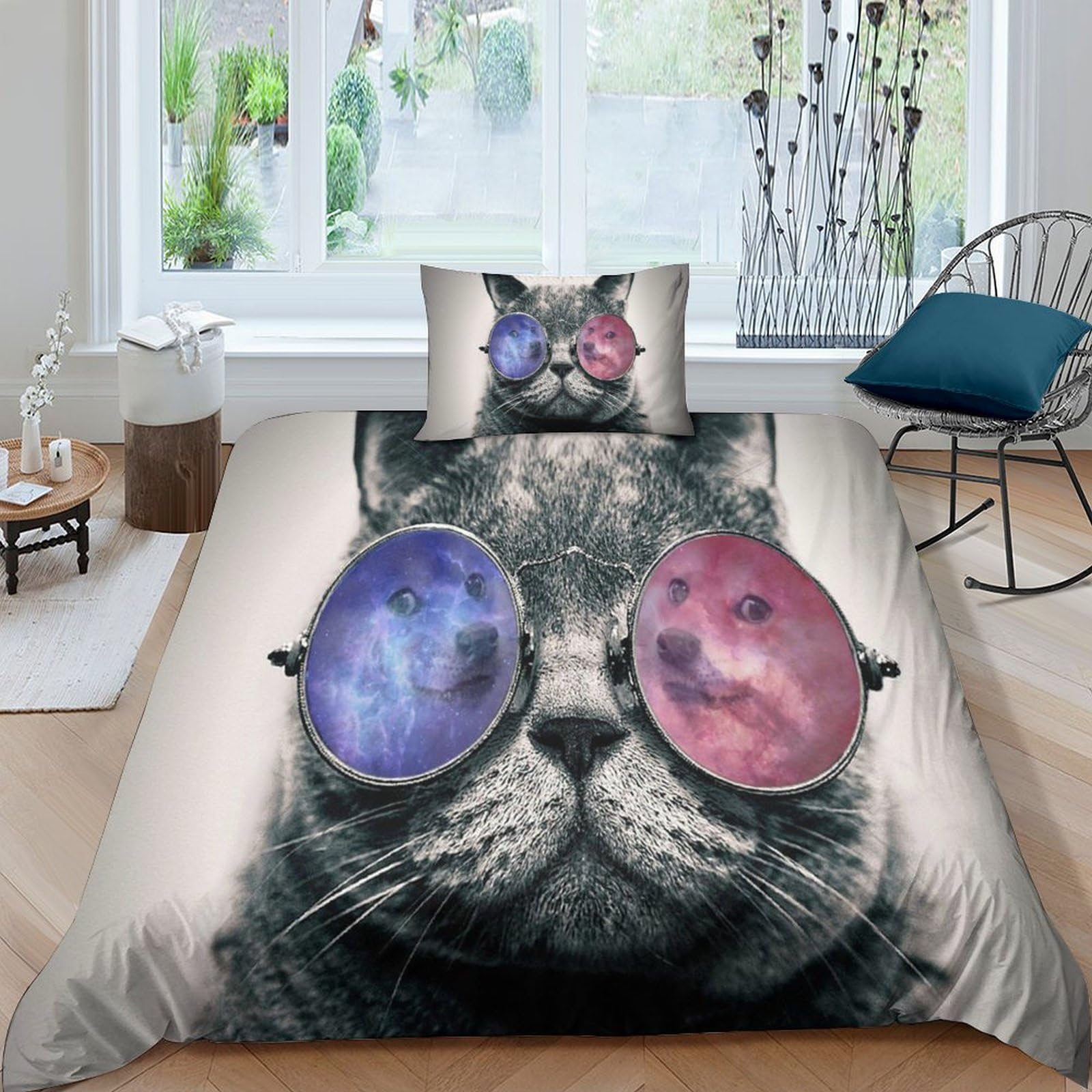 Funda nórdica de gato con gafas de sol para cama individual de 135x200 cm 1