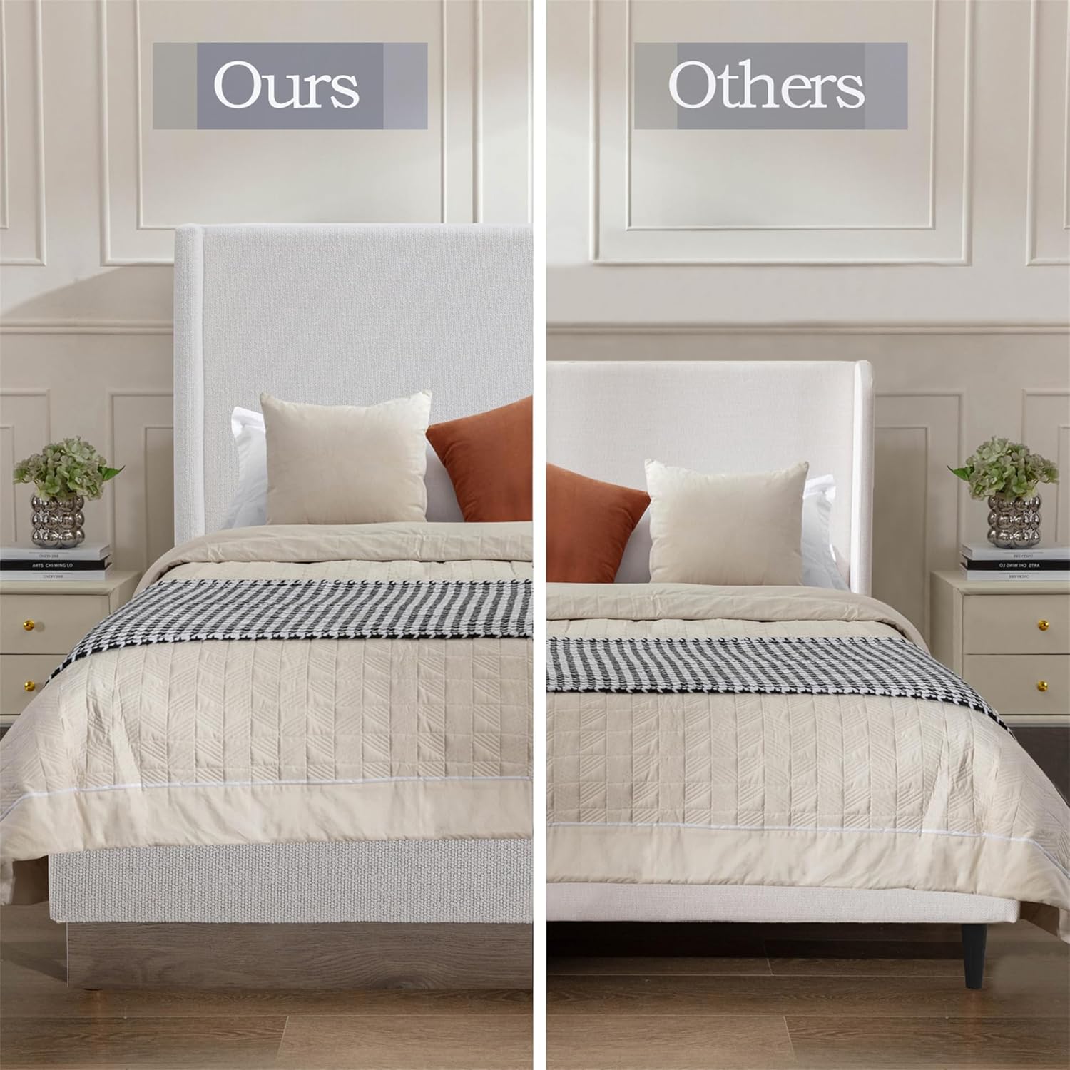 Queen Boucle Bed Frame with 53.1" Tall Headboard - Cream White Hosford Wingback Upholstered Platform Bed with Wood Base Bedroom Furniture Strong Mattress Wood Slats Support No Box Spring Needed