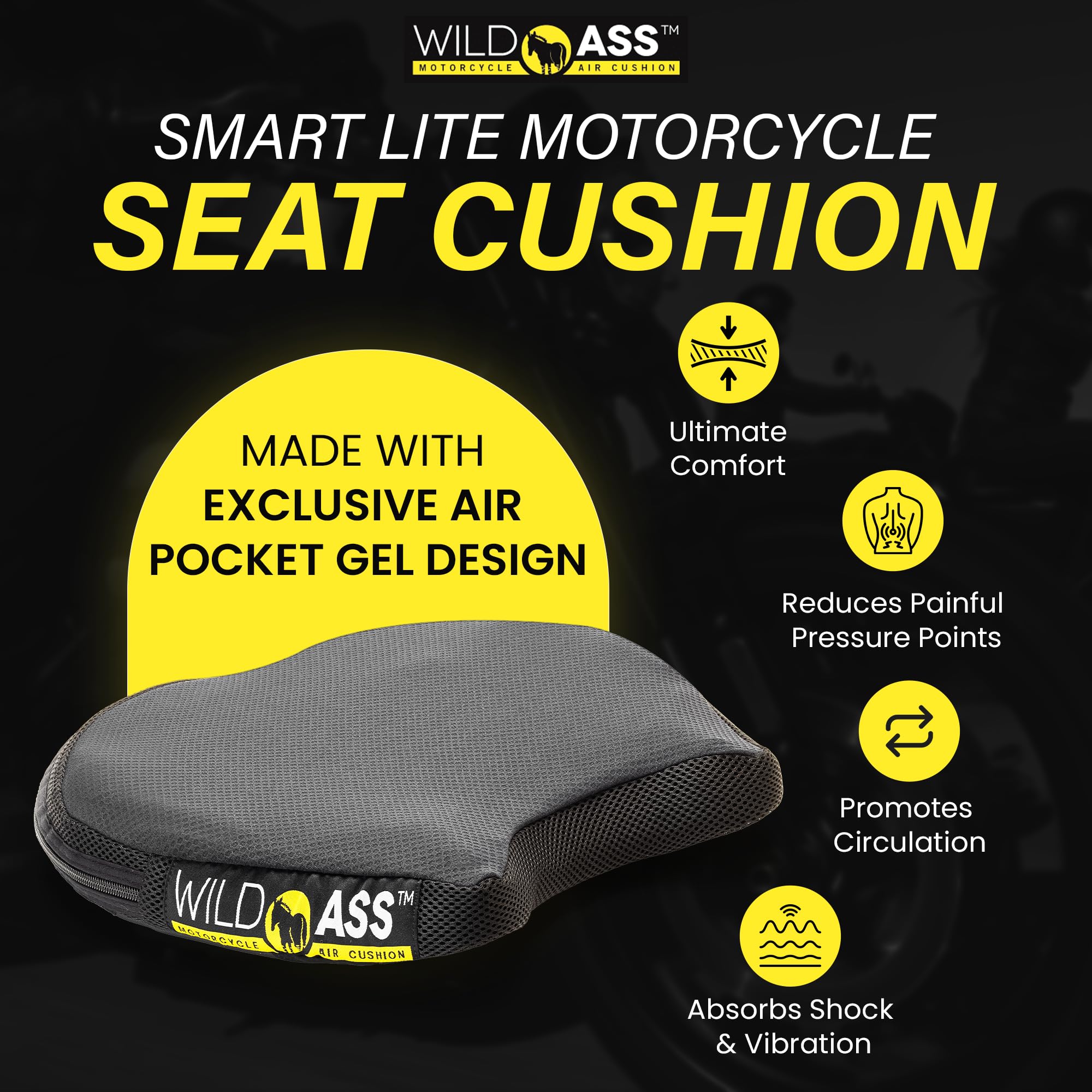 Wild Ass Smart Lite Coussin de siège Confortable pour Moto Cruiser Touring Taille M 38,1 x 35,6 cm