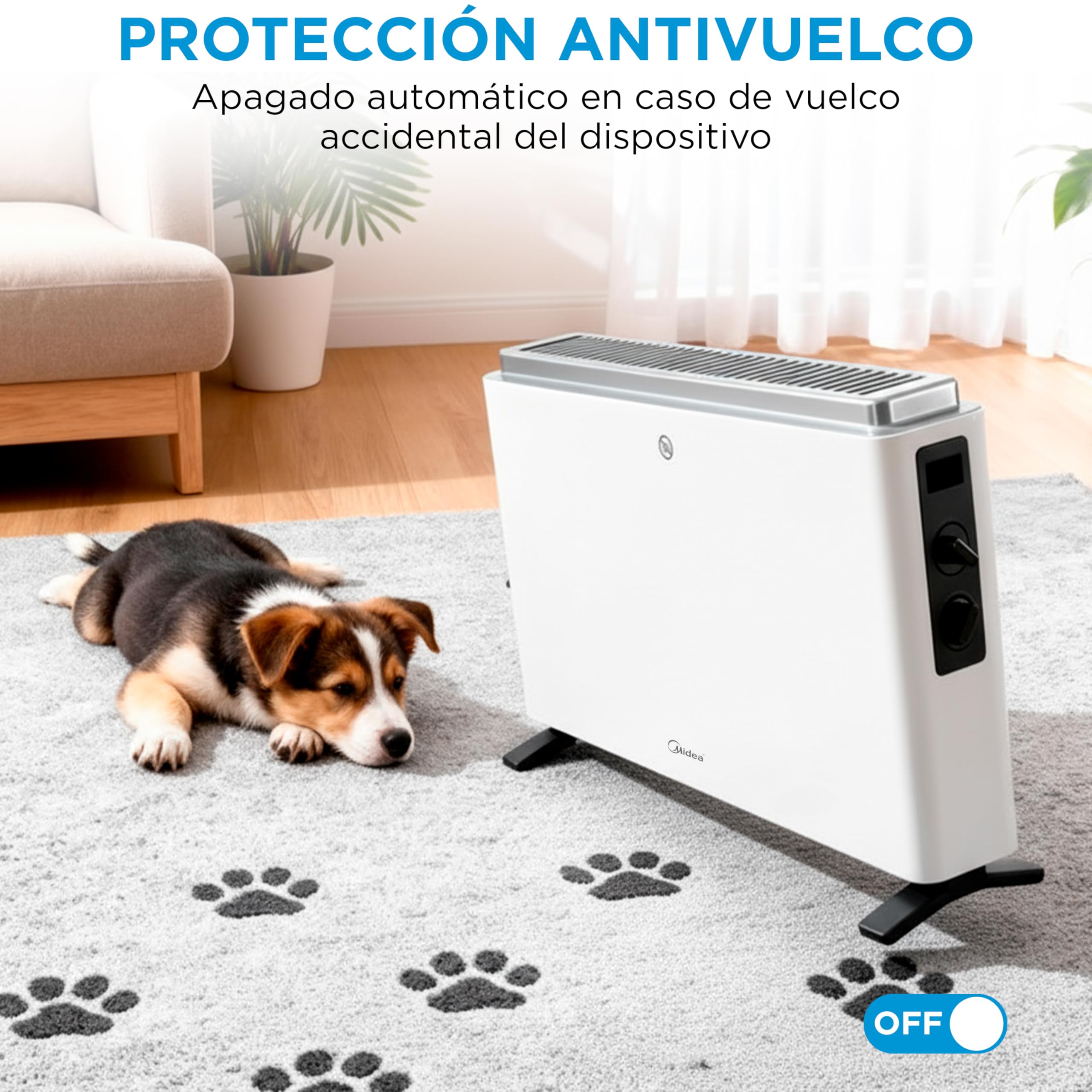 MIDEA Convector Radiador Electrico Bajo Consumo | 2000W | Calefactor Electrico con Termostato Regulable, Estufa eléctrica con 3 Niveles de Potencia, Emisor Térmico con Protección de Sobrecalentamiento