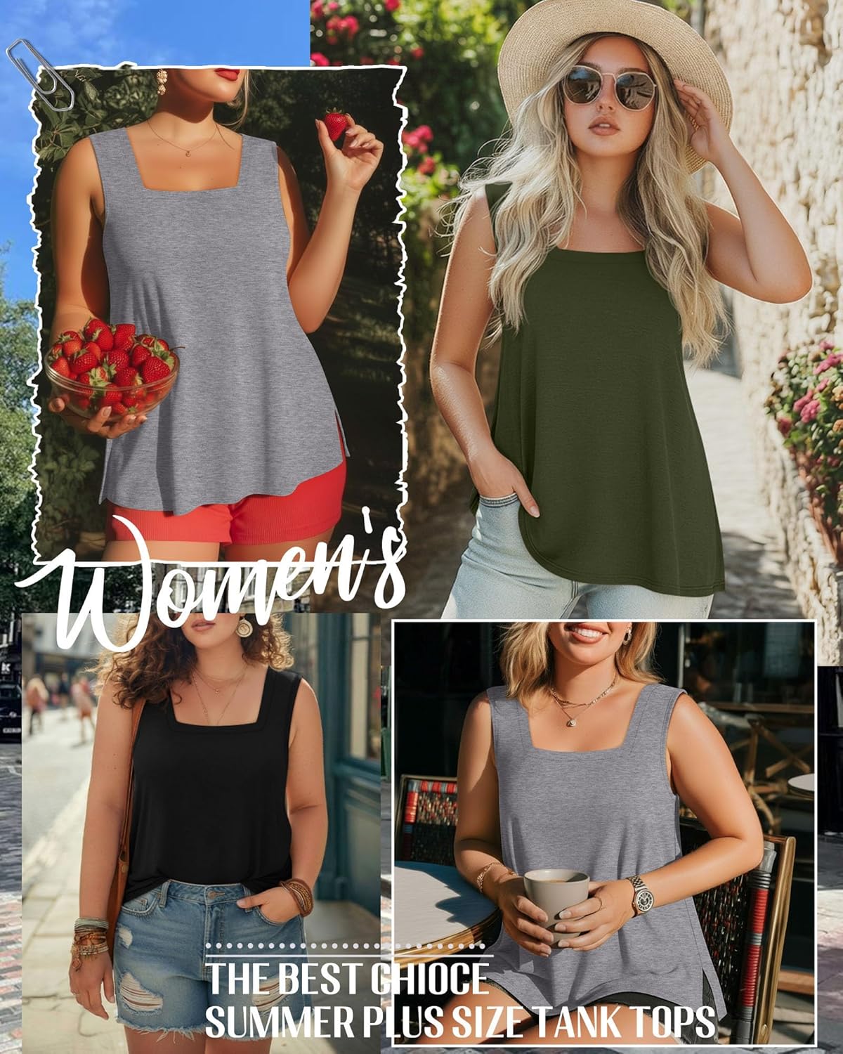 Evervibe 3 Pack Summer Plus Size Tank Tops for Women Sleeveless Tunic Shirts Square Neck Tops Side Slits 1X-5X
