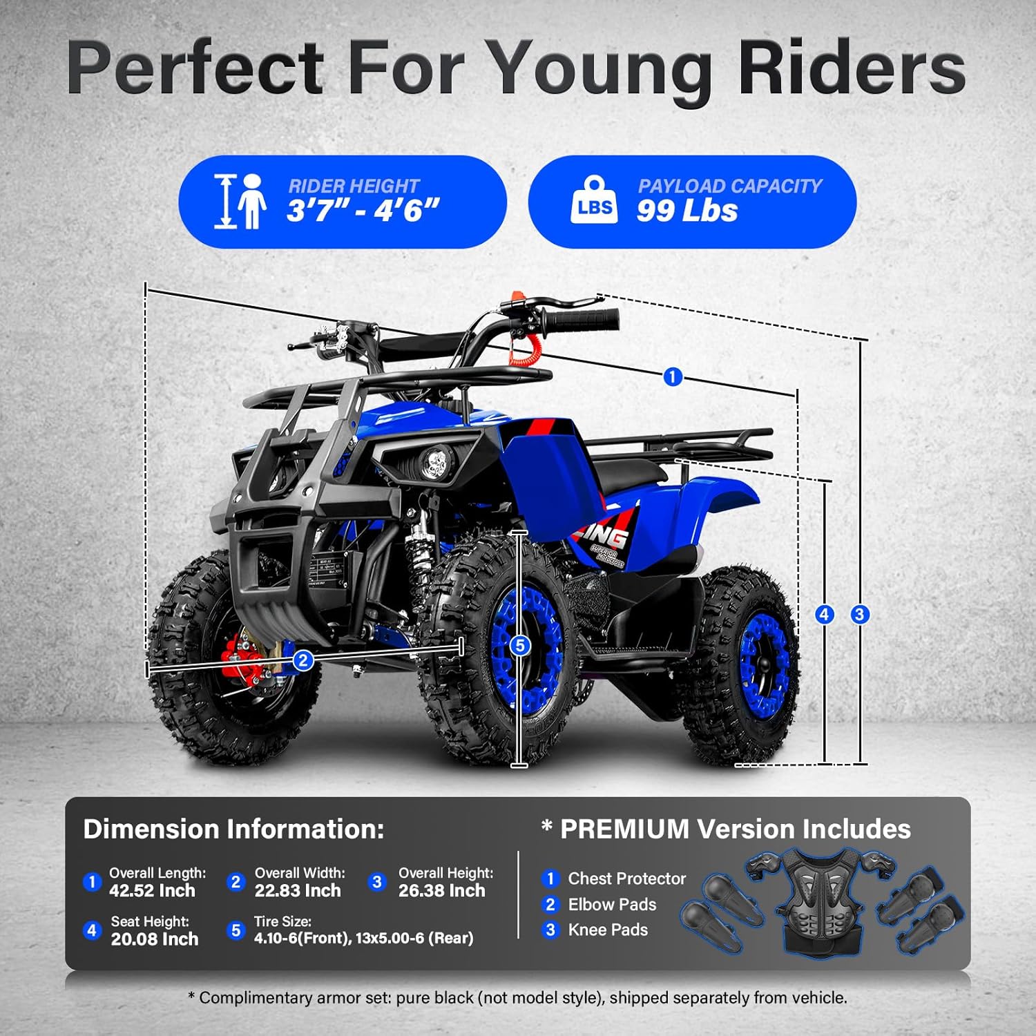 Gas Four Wheeler for Kids 49cc Kids 4 Wheeler Gas Powered ATV with Speed Limiter Hydraulic Disc Brakes 15 MPH, Blue ATV, Red Sticker