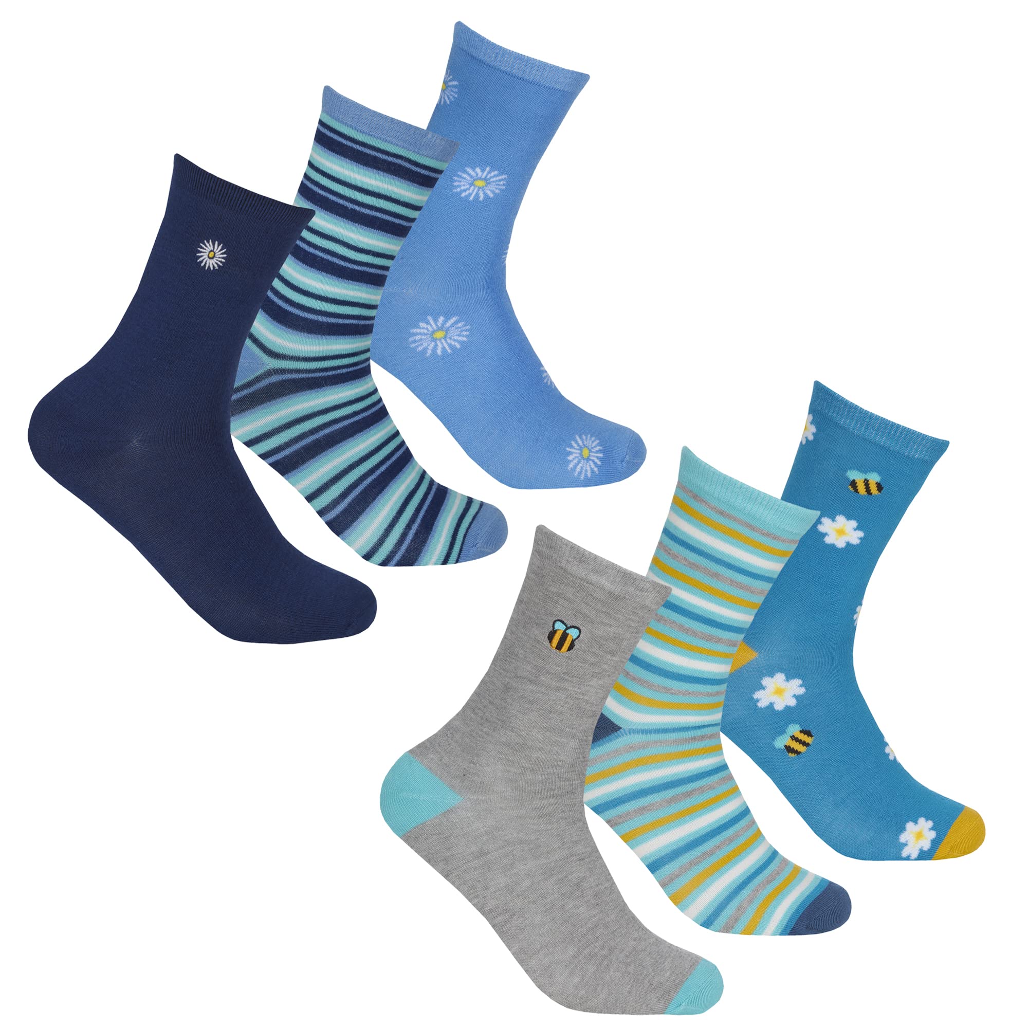 Metzuyan WS-SS22 Ladies Womens 6 Pairs Bamboo Viscose Blue Summer Bee Flower Embriodered Mid Calf Striped Navy Grey Size 4-8