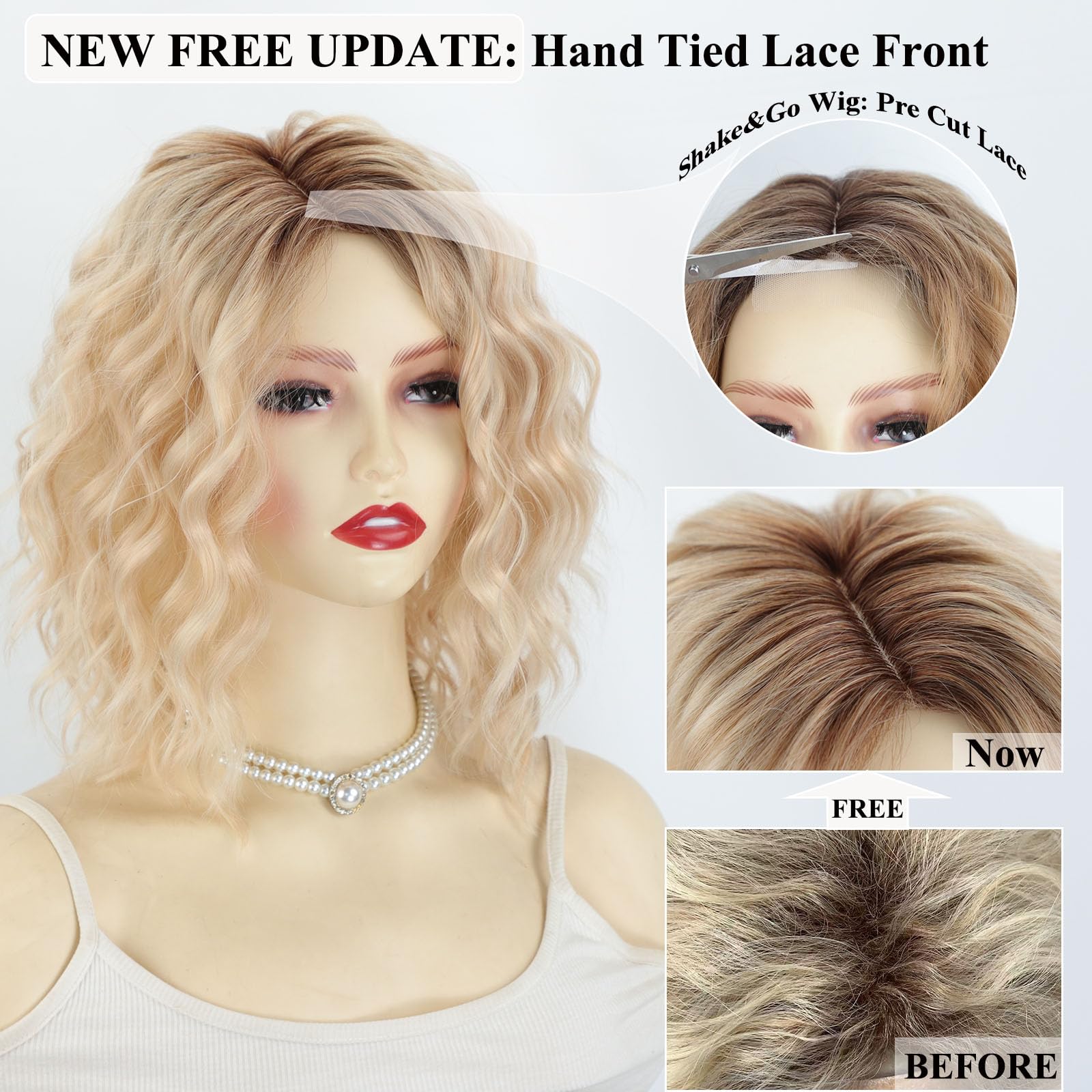 Pre Cut Lace Platinum Blonde Perücke Damen Schulterlange Gewellte Gestufte Bob Wig Perücke mit Pony,Echte Kopfhaut Synthetische Perücken für Dünnes Haar/Grauabdeckung Täglichen Gebrauch