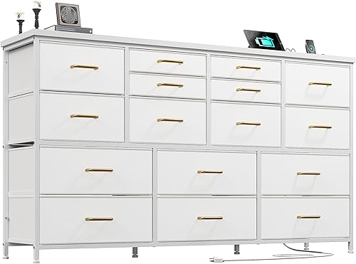 EnHomee Cómoda para dormitorio con 16 cajones, soporte de TV para dormitorio para TV de 60", cómodas largas y cajoneras, cómoda grande con estación