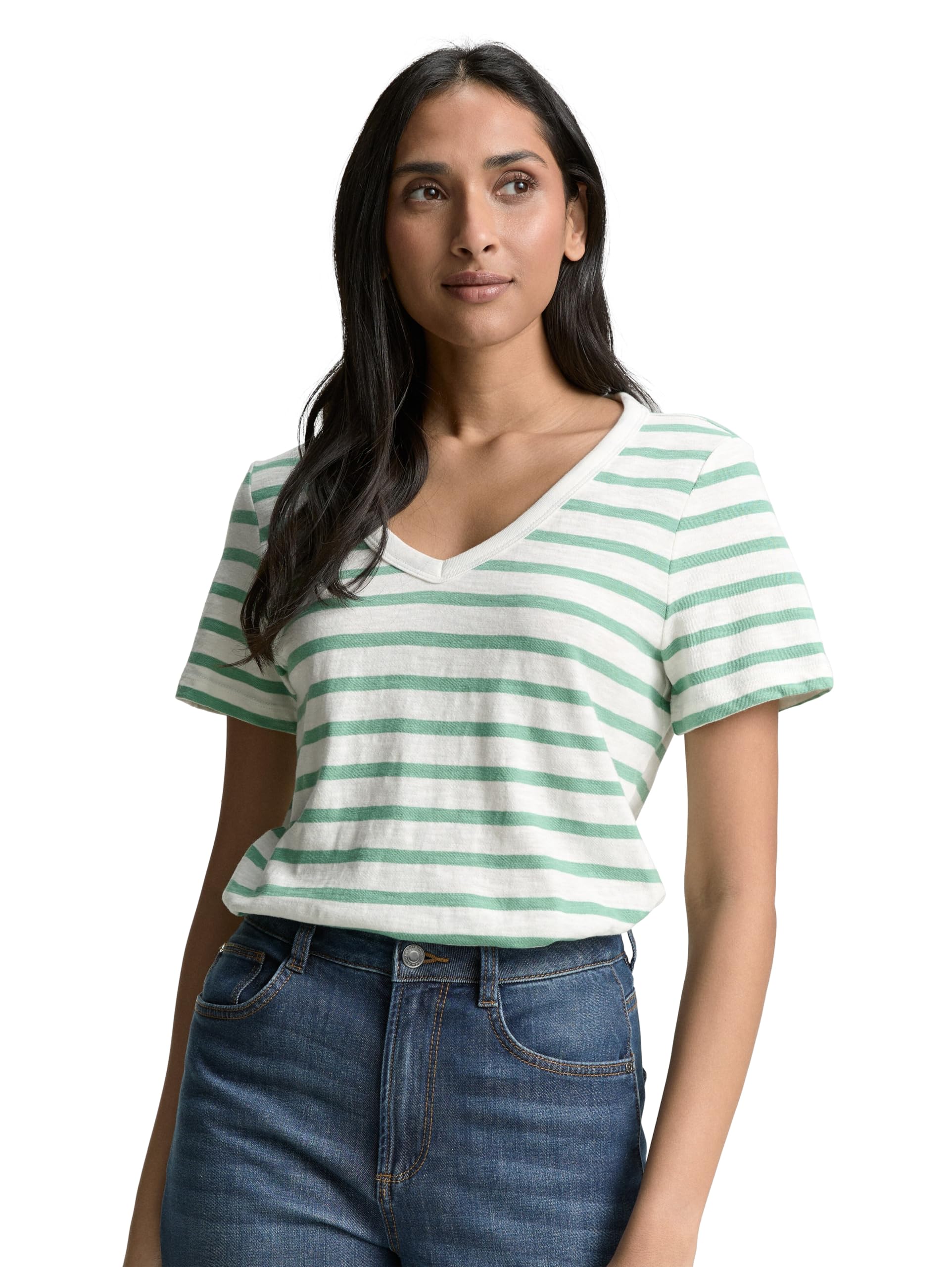 TOM TAILOR Women's V-Neck T-Shirt, 38016 - Offwhite Faded Green Stripe, XS