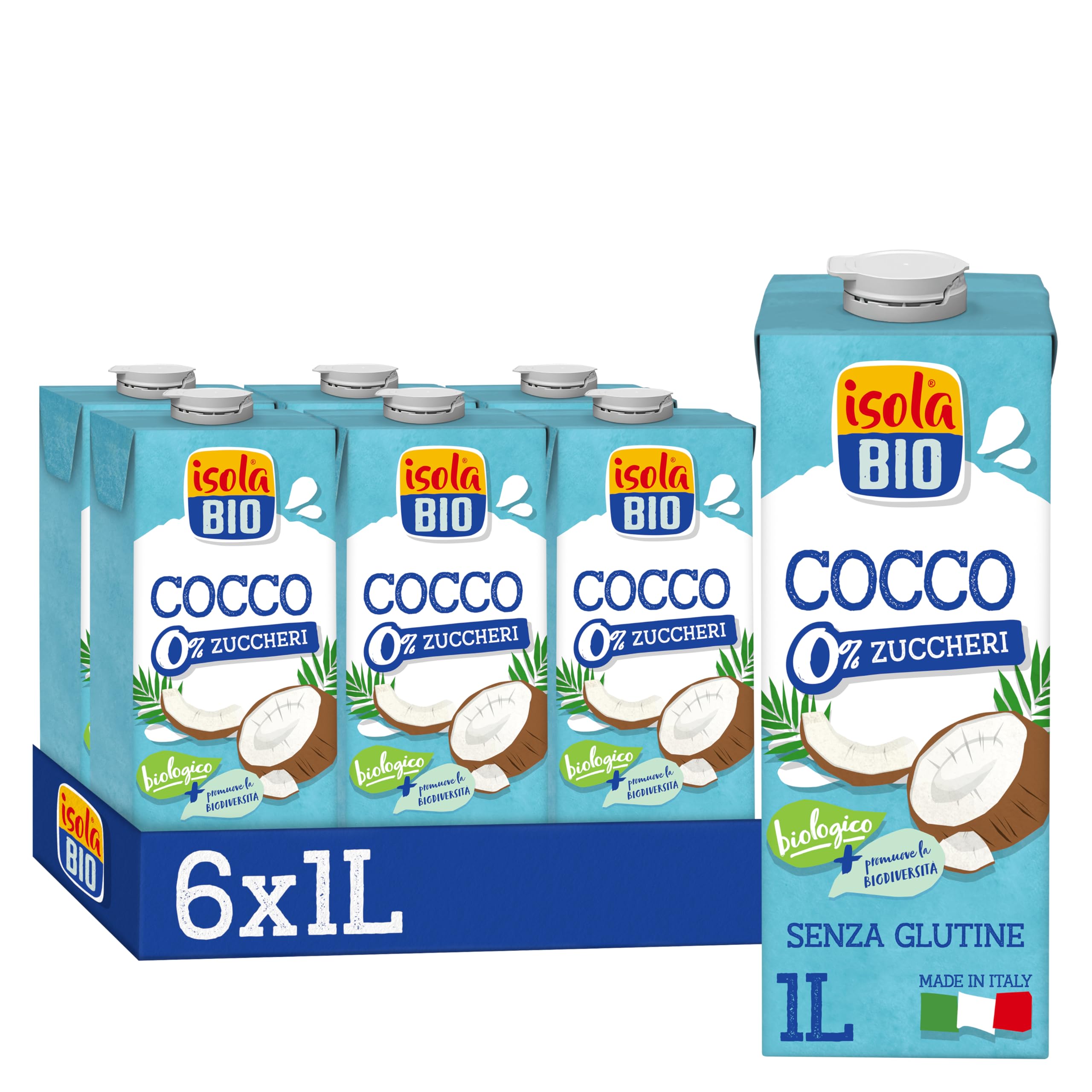 ISOLA BIO Bevanda di Cocco 0% Zuccheri, Bevanda Biologica con 100% Ingredienti Naturali, Senza Glutine, a Basso Contenuto di Sodio, per Vegetariani e Vegani, 6 Confezioni da 1 Litro
