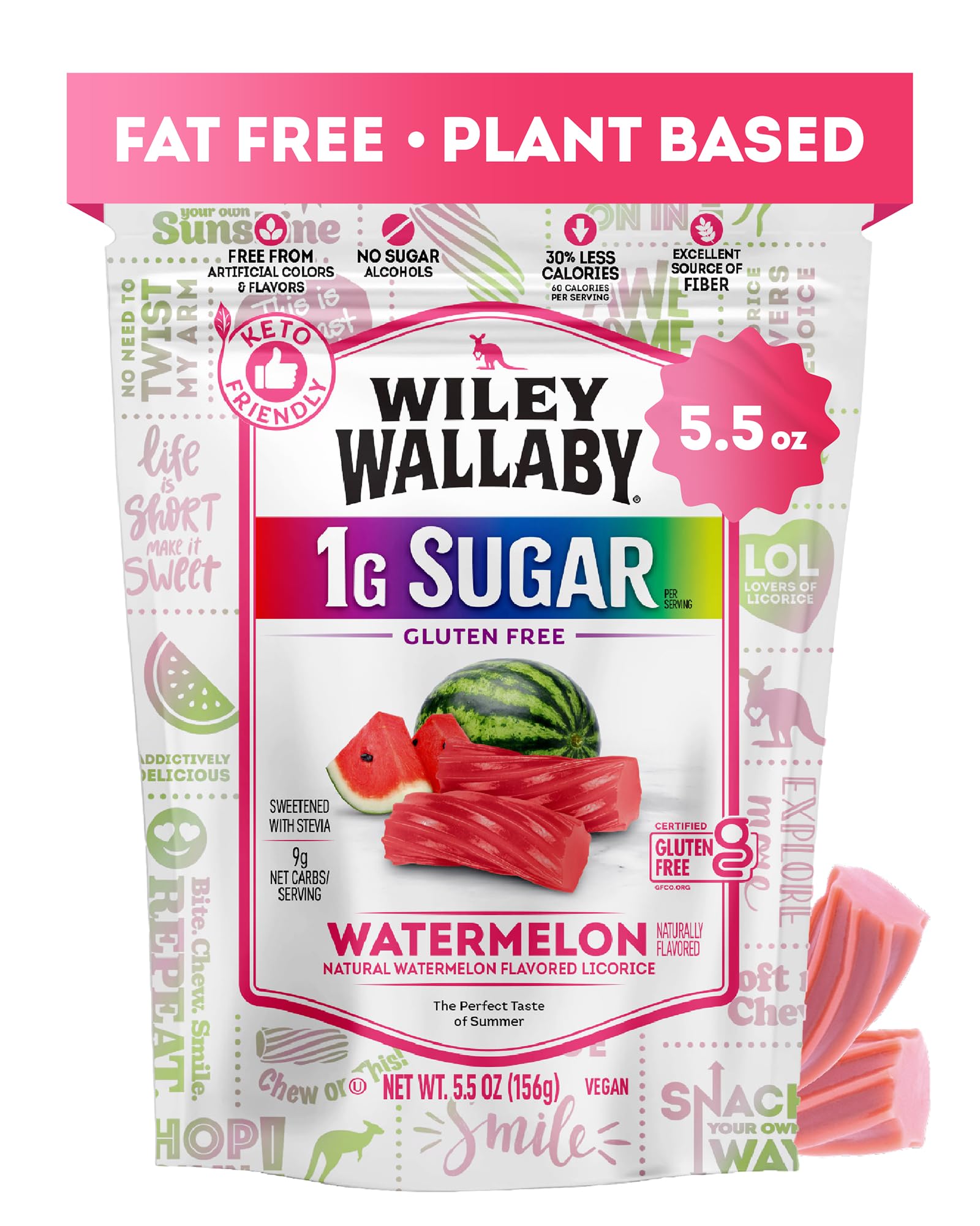 Wiley Wallaby Licorice 5.5 Ounce Watermelon Low Sugar Gluten Free Gourmet Soft & Chewy Australian Licorice Candy Twists, 1 Pack
