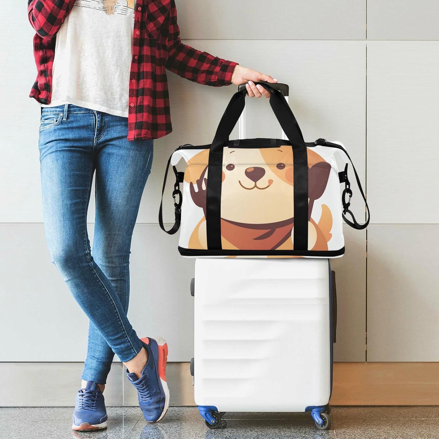 Cute Cartoon Dog Sports Tote Gym Bag Carry On Personal Item Bag with Toiletry Bag for Sports Foldable