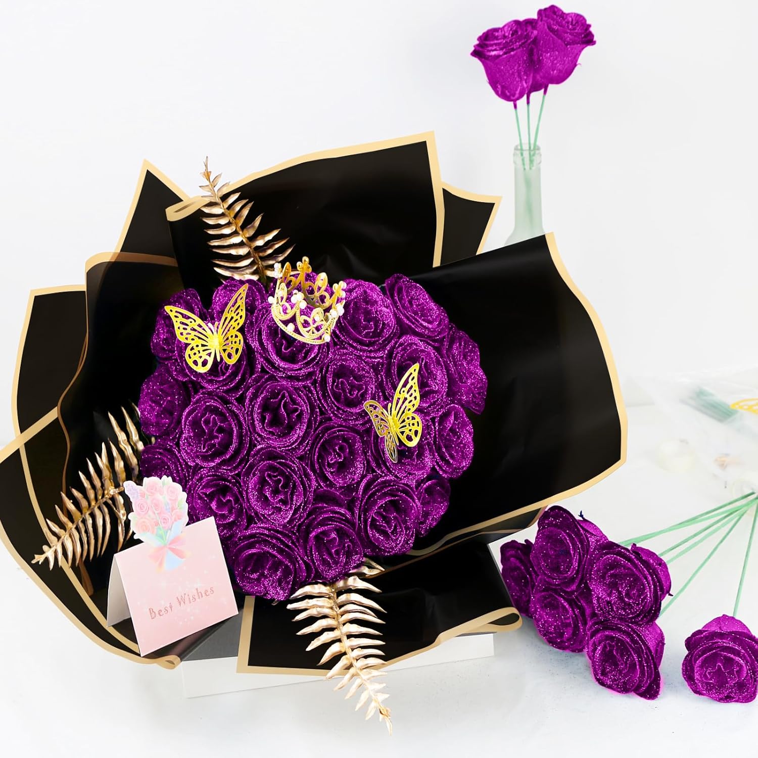 Glitter Flower Roses Bouquet - 24 Pack DIY Fake Shiny Rose with Stems Eternal Floral for Elegance Wedding Bouquet Anniversary Birthday, Valentine's Day, Mother's Day, Love Gift- Purple - Image 2