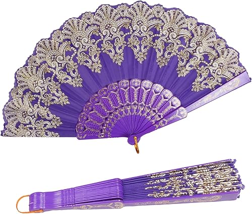 Miniatura 9 de INNOLIFE Ventilador de mano plegable español con patrón retro para mujer, ventilador plegable chino de mano para fiesta, baile, boda y decoración