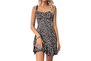 Women's Boho Floral Print Tie Shoulder Cami Mini Dress A Line Ruffle Hem Short Dresses