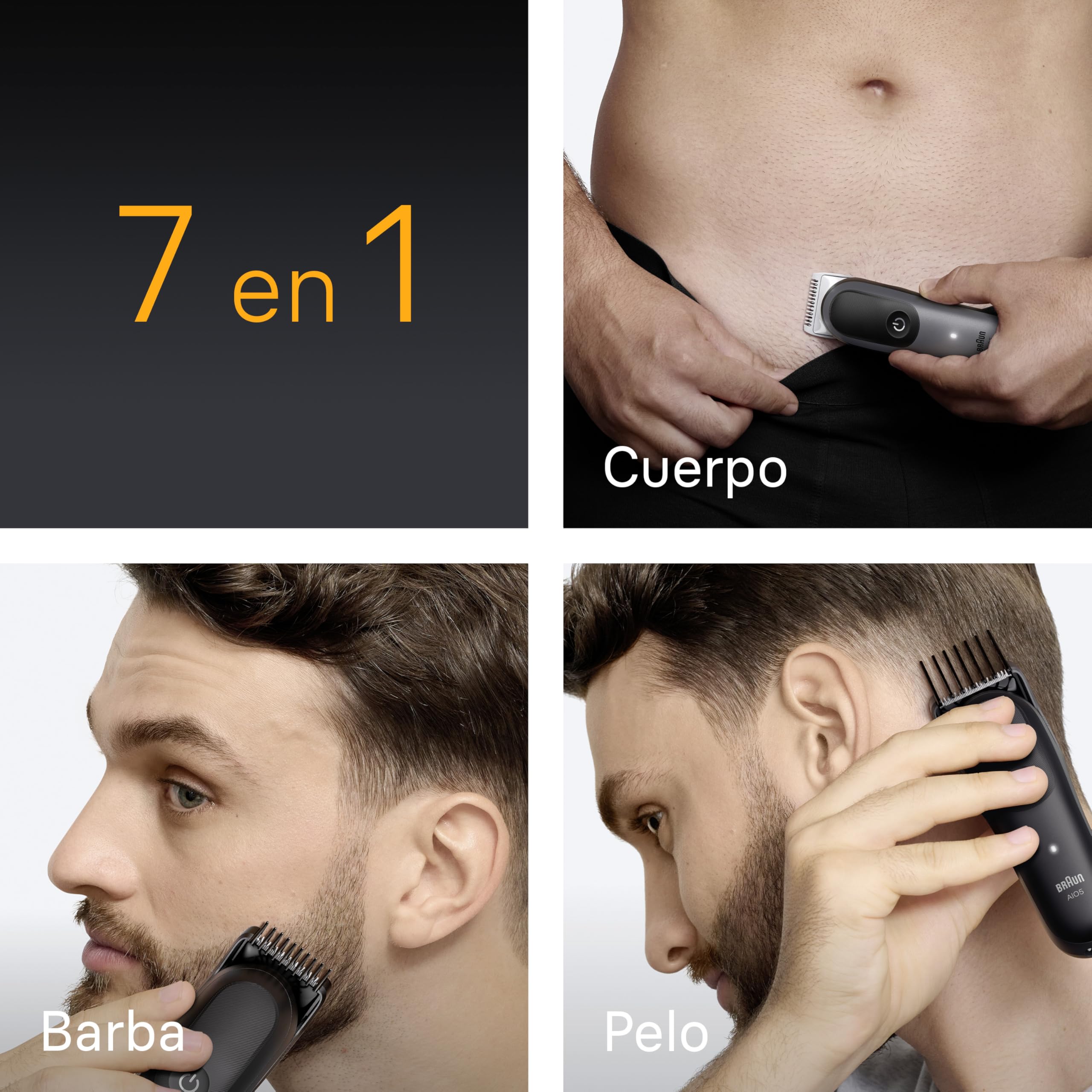 Braun Todo En Uno Series 5 AIO5520, Kit De Styling 7en1, Lámina Ultra Afilada, 120 Min, Tecnología SensitiveTrim Para el Cuerpo, Recorte Preciso Y Eficiente, AquaGrip Para Uso Bajo El Agua, Gris