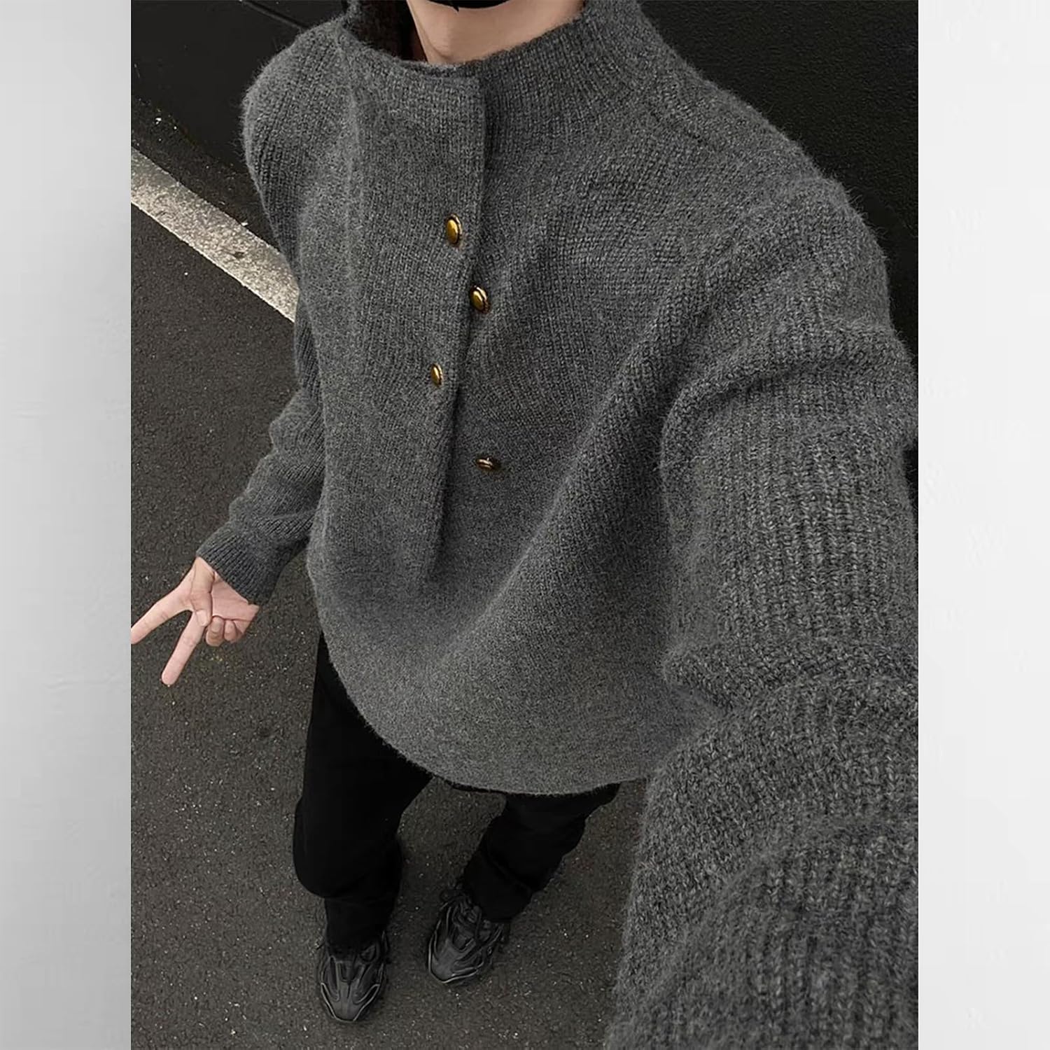 Men's Irregular Button Mock Turtleneck Sweater Loose Fit Casual Knitted Pullover Sweaters