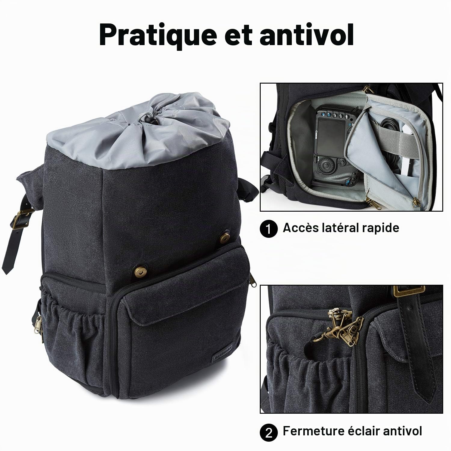 bagsmart Sac à dos pour appareil photo DSLR en toile antivol, Noir , L