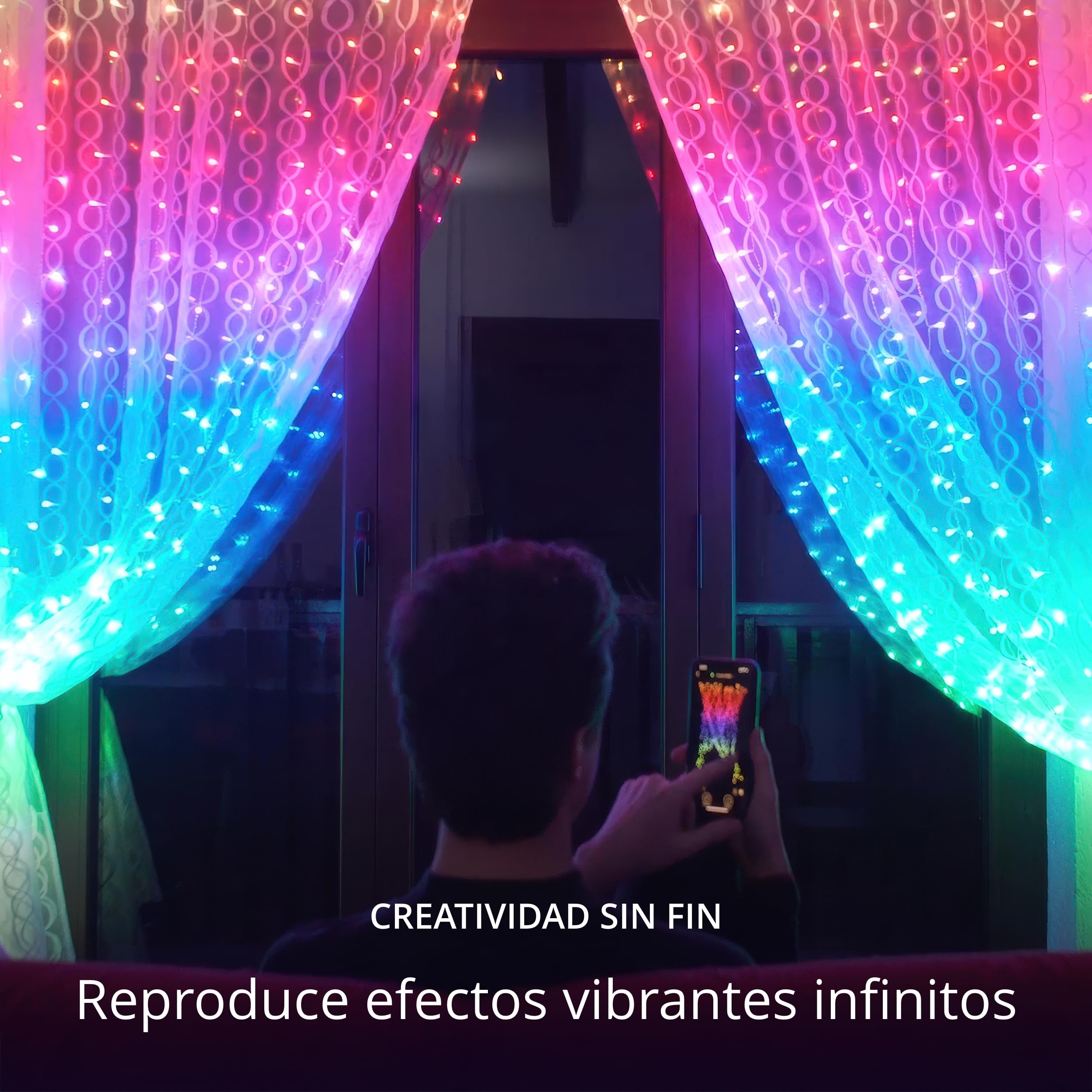 Twinkly Curtain 210 LED RGB+Blanco, Cadena de luces LED para interior y exterior, luces inteligentes, RGB y blanco, compatible con Alexa, Google Home, IP44, control de aplicación, cable transparente