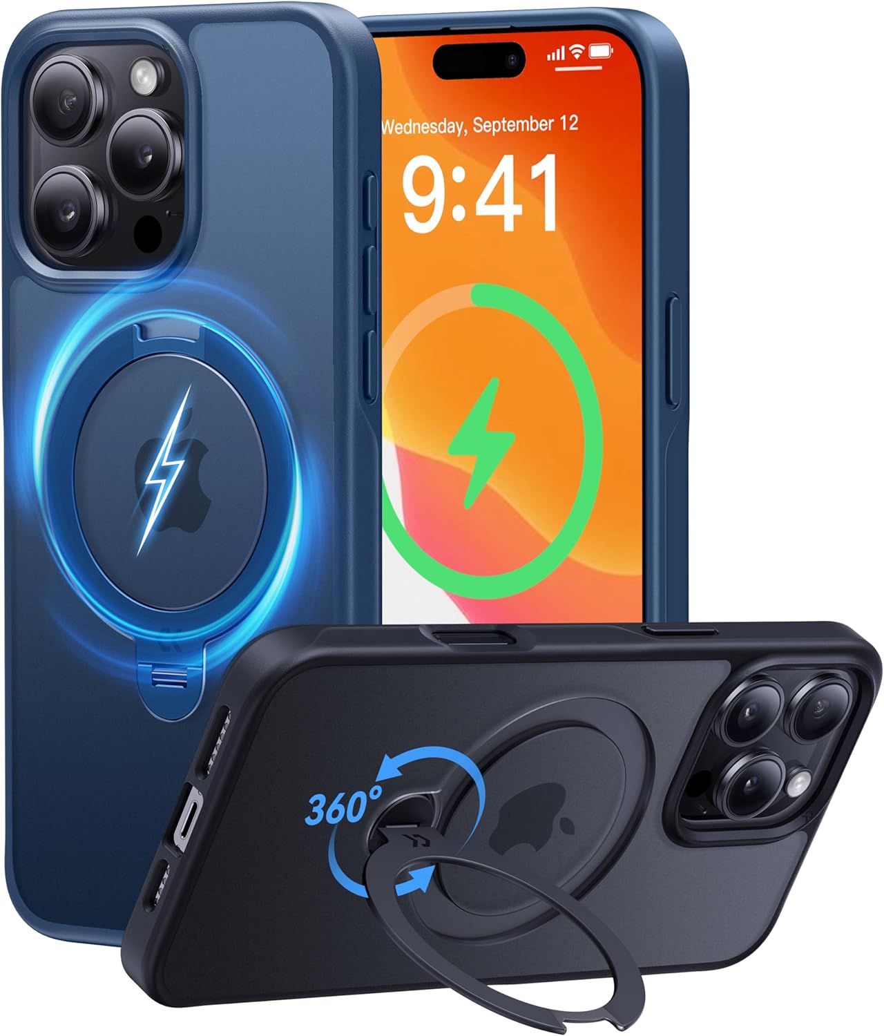 CASEKOO Patented 360 Spin Magnetic Stand for iPhone 16 Pro Max Case [Military Drop Protection] [Non-Slip Edge] [Compatible with MagSafe] Matte Shockproof Slim for 16 Pro Max Case 6.9'', Blue