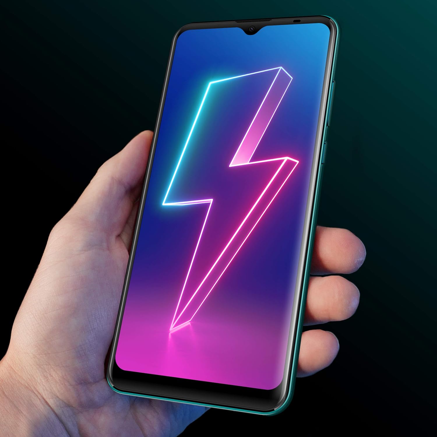 Hand holding BLU G50 MEGA with lightning bolt on screen