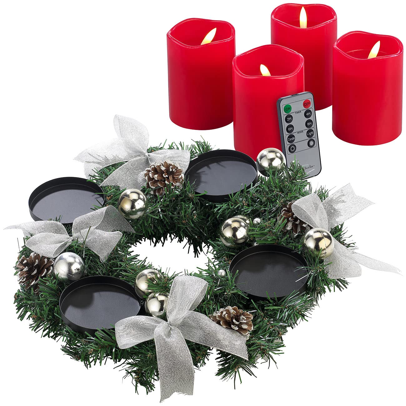 Advent Kranz: Adventskranz mit silberfarbenem Schmuck, inkl. LED-Kerzen in rot (Adventskranz Weihnachtszeit, Adventskranzgestecke, Kerze)