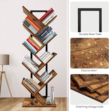 9-Tier Tree Bookshelf,Floor Standing Bookcase,Tree Shaped Book Shelves,Display Storage Shelving Units Storage Rack for Bedroom Living Room Office
