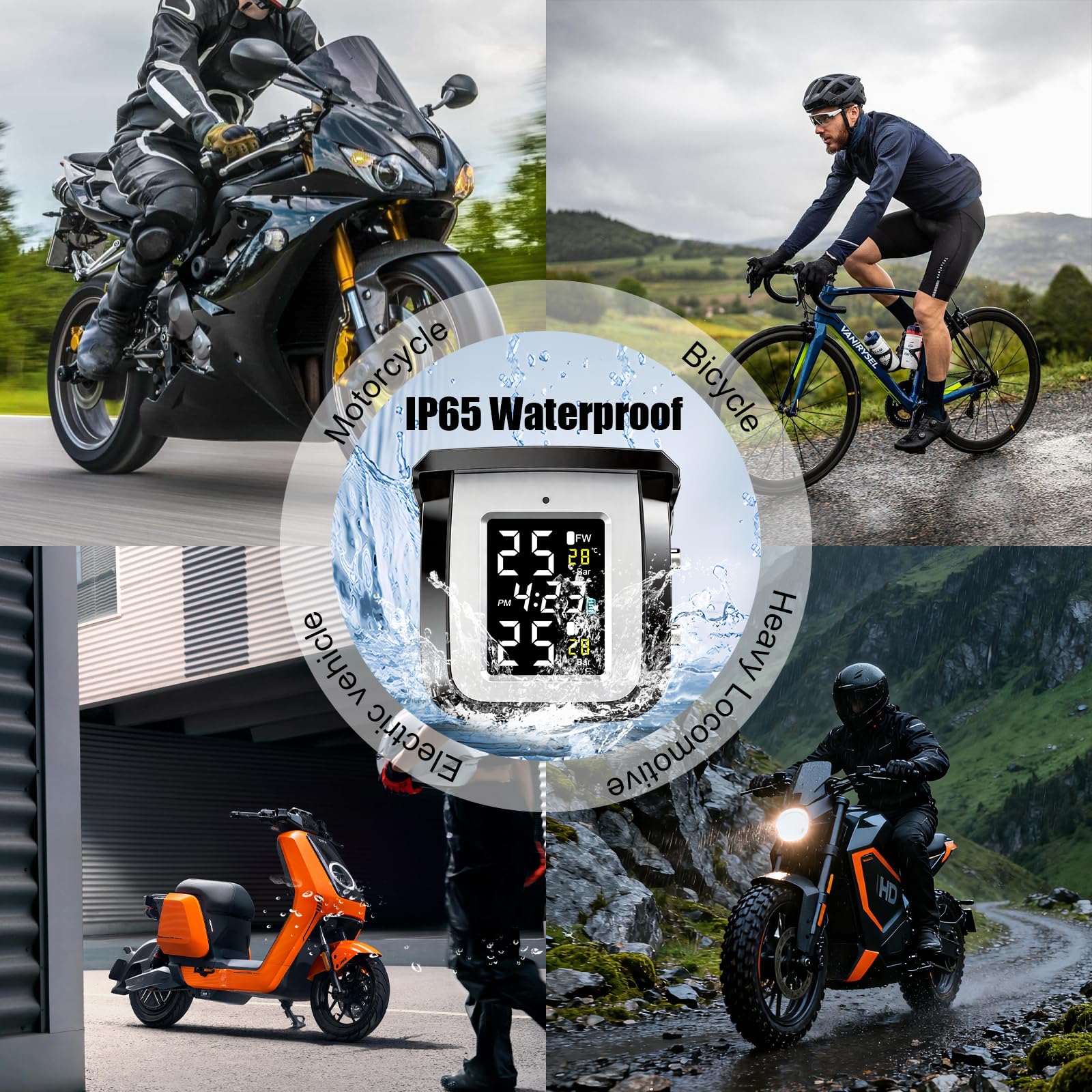 Sistema de control de presión de neumáticos para motocicleta, TPMS inalámbrico, cargador solar y USB, IP65 impermeable, apagado automático y despertar, 2 sensores de presión de neumáticos
