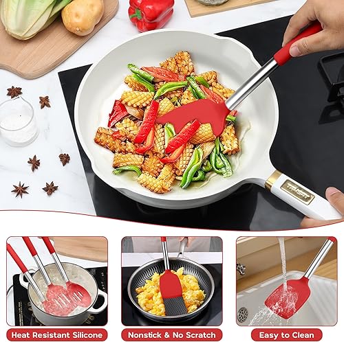 Miniatura 4 de Onader Juego de 15 utensilios de cocina de silicona, espátula roja con soporte, herramientas de cocina grandes para utensilios de cocina