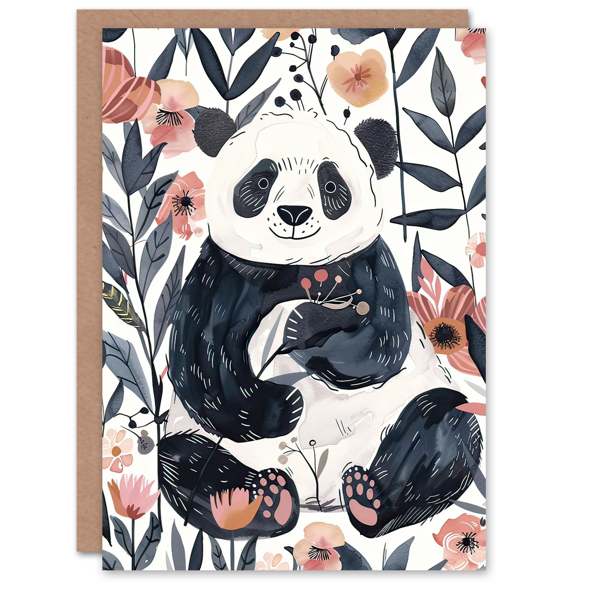 Artery8 Greeting Card - Panda Bear in Flower Garden - Birthday - Pink