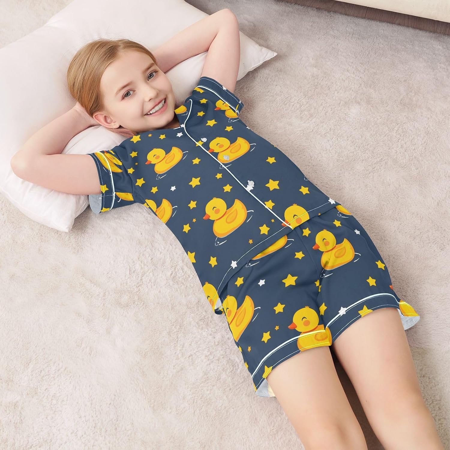 Cute Ducks Satin Pajamas Button-Down 2 Piece Loungewear Pj Set Sleepwear Nightwear