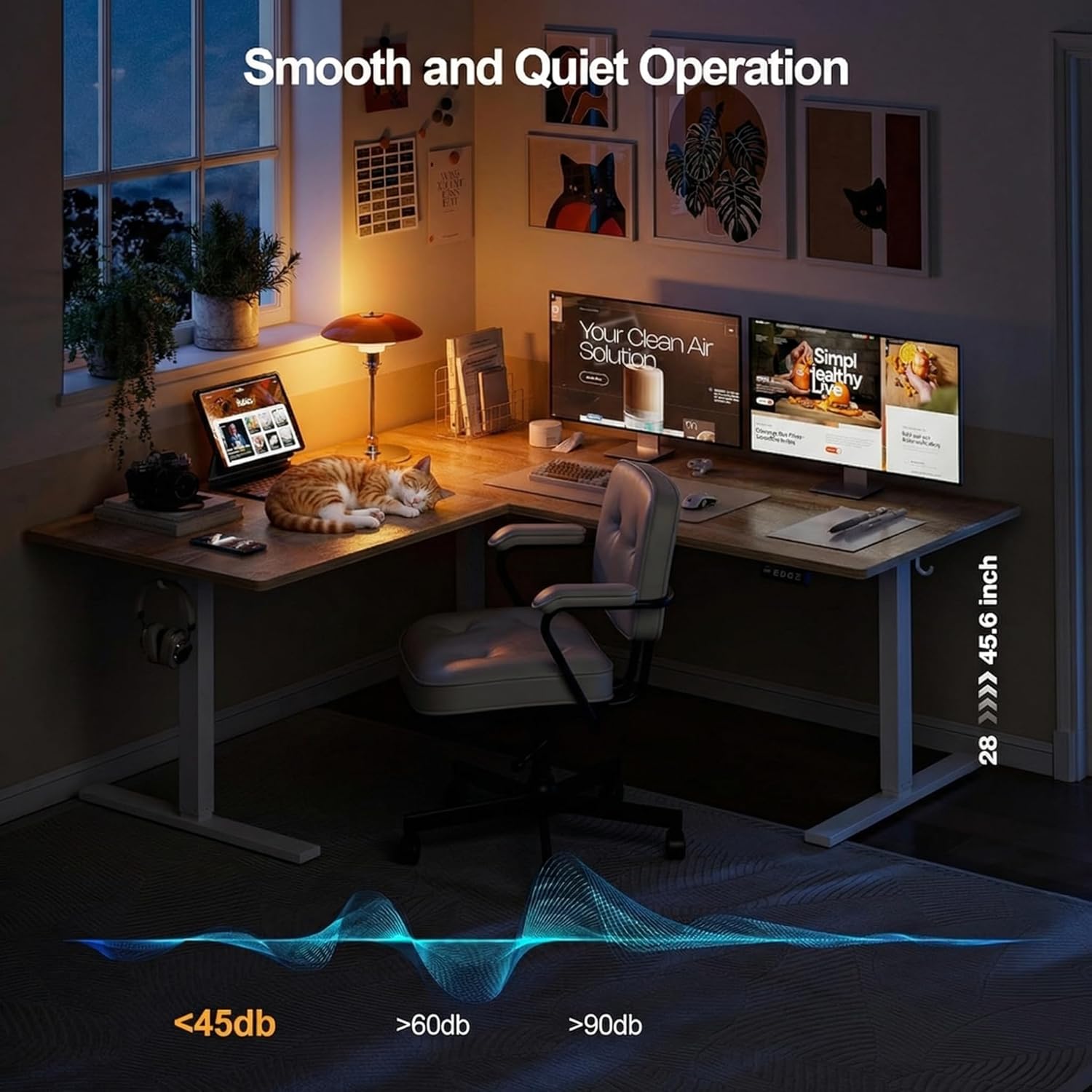 Grandder 63 x 55 Inch L Shaped Standing Desk, Electric Height Adjustable Corner Stand Up Desk, Sit Stand Corner Table Home Office Table, Oak Top White Frame