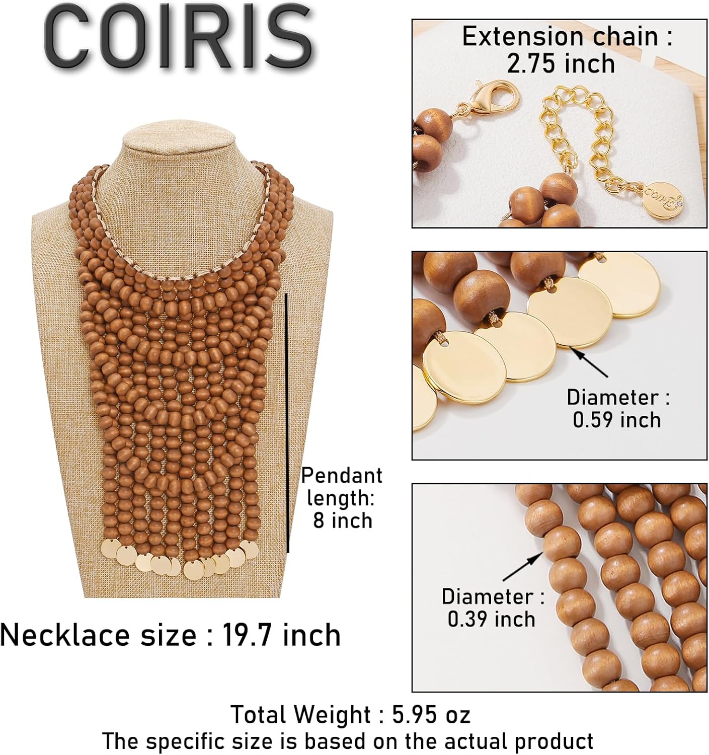 Coiris Boho African Wooden Beaded Bib Statement Choker Necklace Long Multi Strand Chunky Layered Collar Necklace for Women Handmade Jewelry(N0123) - Image 6