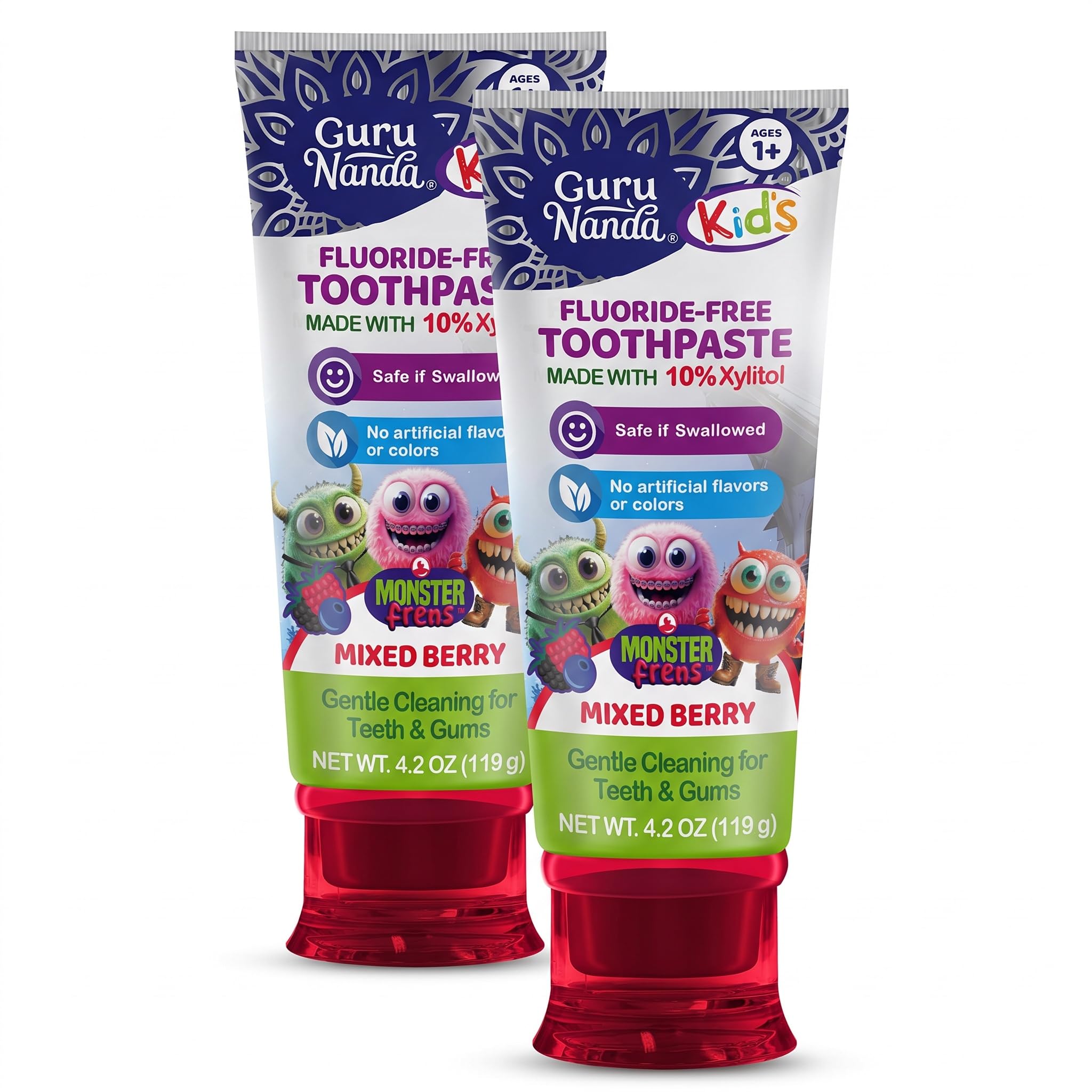 GuruNanda Kids Toothpaste for Toddlers with 10% Xylitol – Fluoride-Free, Mixed Berry Flavor, Safe if Swallowed, Gentle &amp; Safe for Young Teeth &amp; Gums, 4.2 oz (Pack of 2)