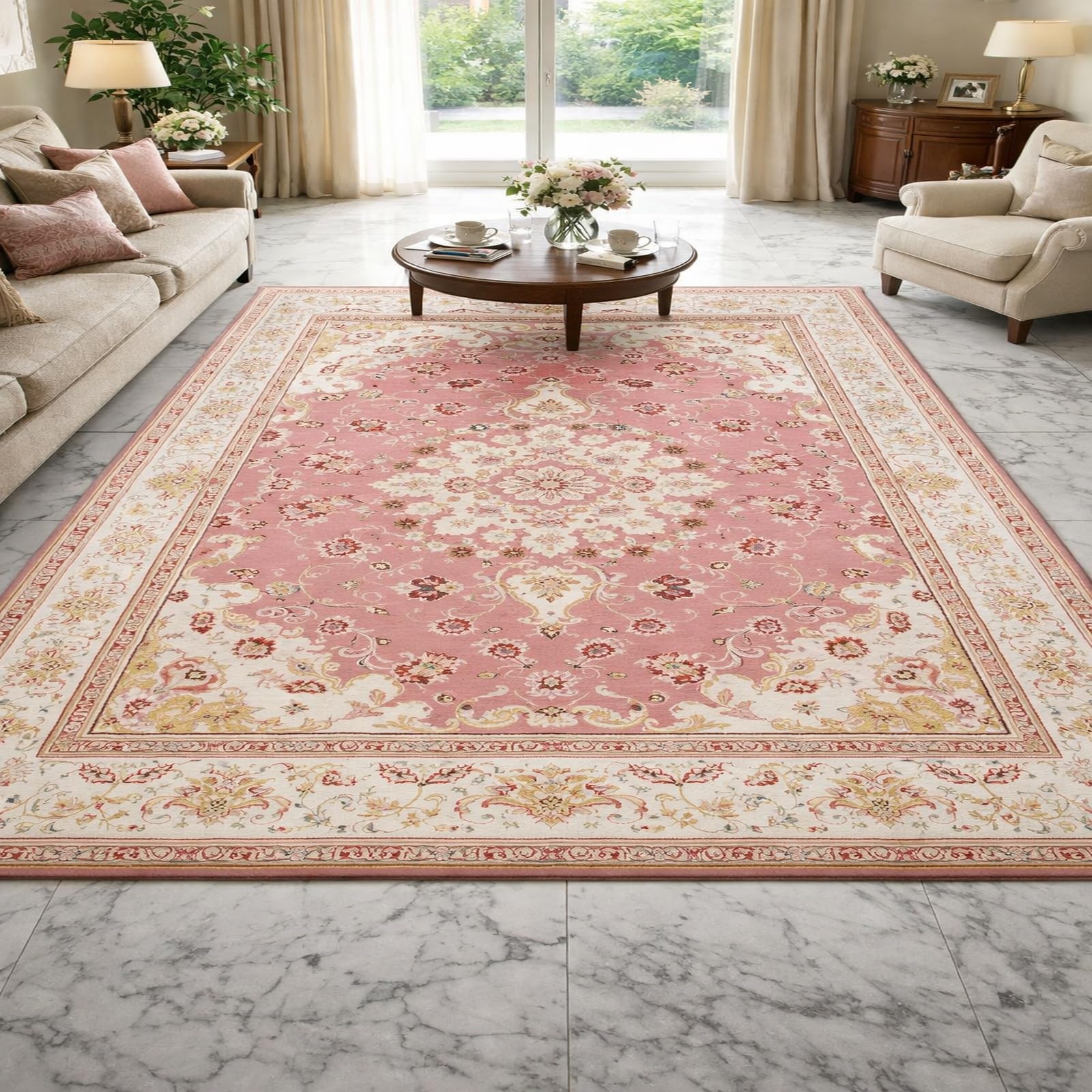 Tapis de zone salon rectangulaire 140 x 160 cm contemporain rouge beige rose
