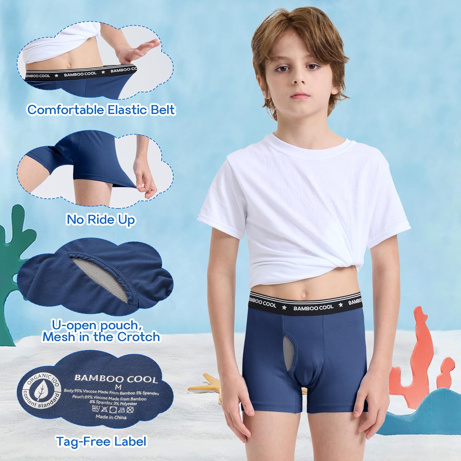 BAMBOO COOL Boy's Underwear Boxer Briefs for Boy Breathable Mesh Fly Zone Moisture-Wicking 6 Pack - Image 3